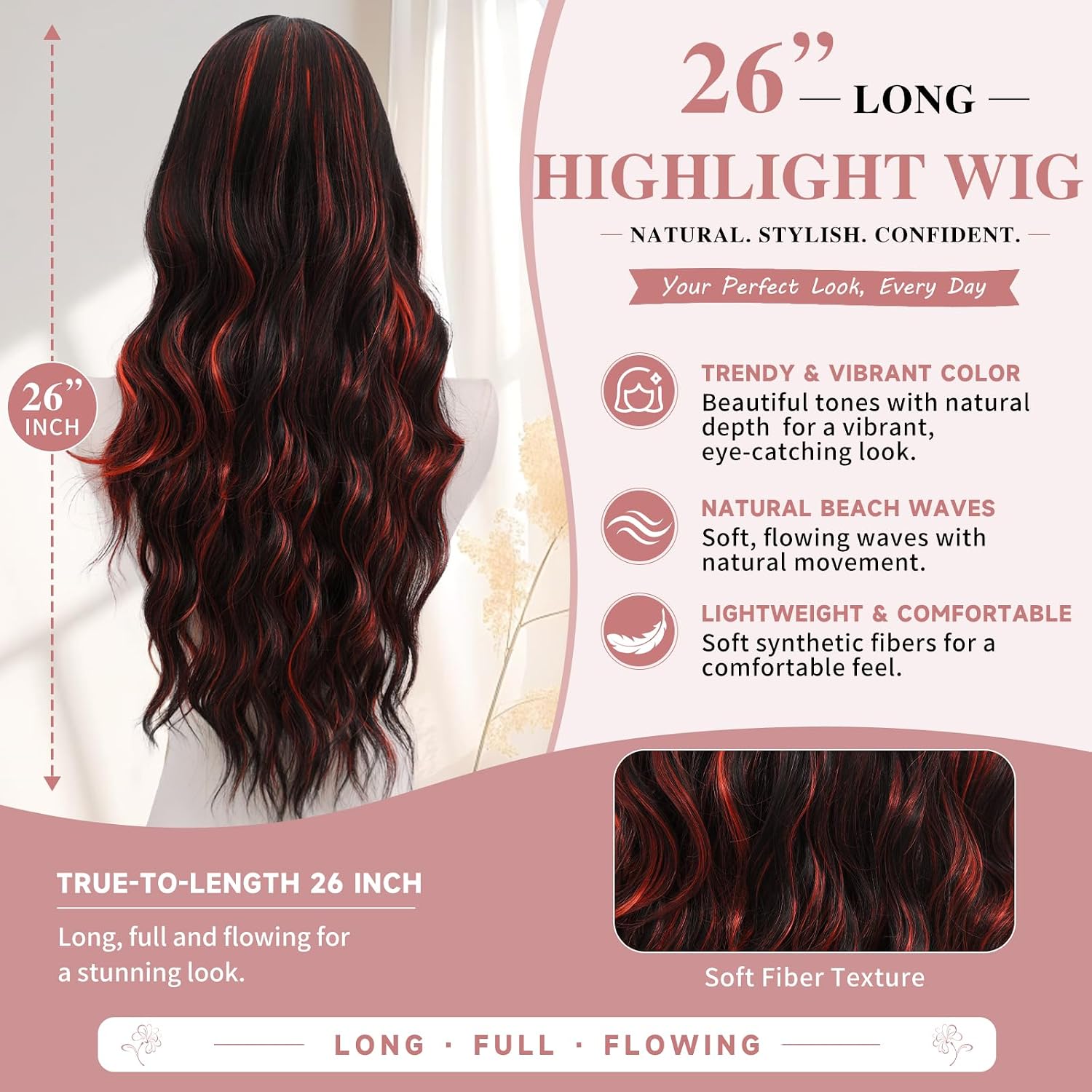 Detalle 2 de NAYOO 26-Inch Black and Red Wavy Synthetic Wig for Women