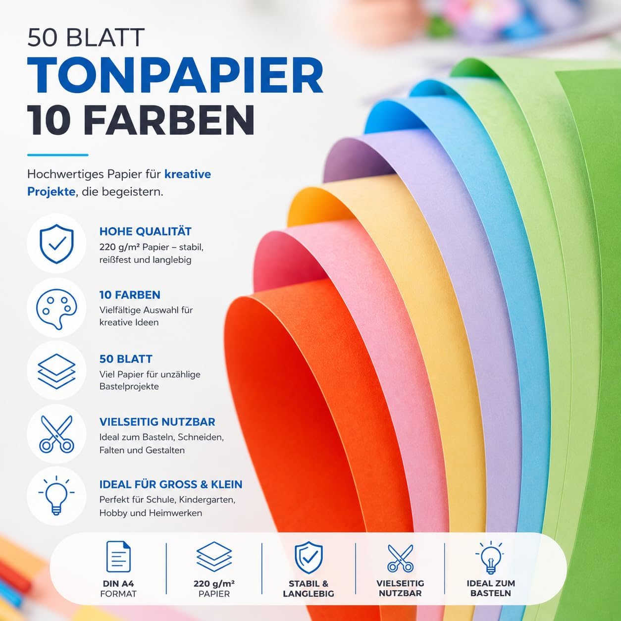 Thumbnail 3 de 50 Blatt A4 Tonpapier 220 g/m² in 10 Farben – Bastelpapier & Tonkarton