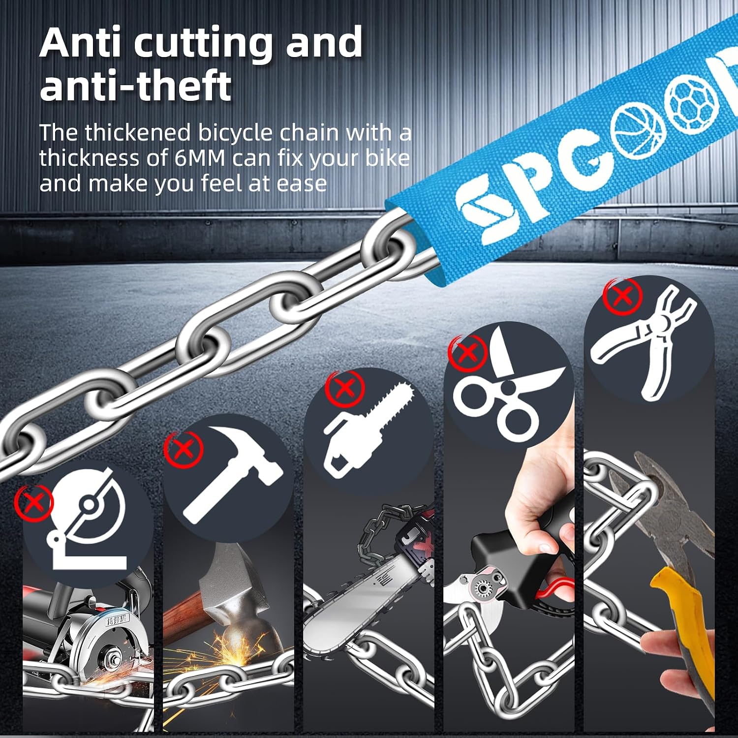 Thumbnail 4 de SPGOOD Fahrradschloss mit Kette, 90 cm, 3 Schlüssel – 6 mm Kettenglieder & wasserdichte Abdeckung