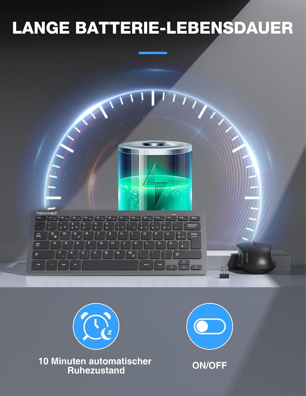 Detalle de TECKNET Kabelloses Tastatur-Maus-Set (Deutsch QWERTZ), 2,4 GHz, 15 m Reichweite, Leise Mini-Keyboard mit Maus – Grau