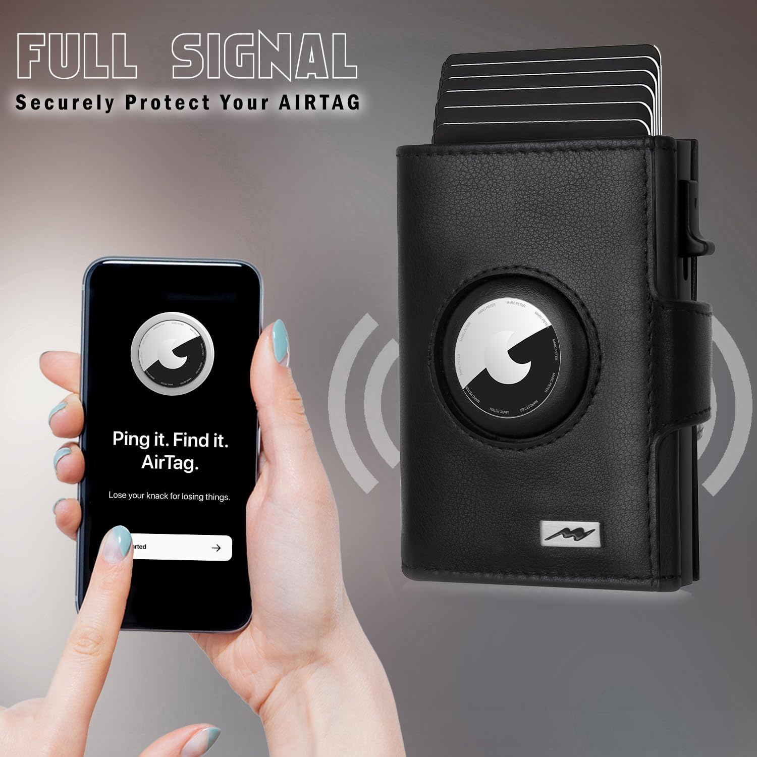 Thumbnail 6 de Marc Peter Chicago Leder Push Air Slim Wallet – AirTag-Geldbörse mit Münzfach (RFID-Schutz) in Schwarz