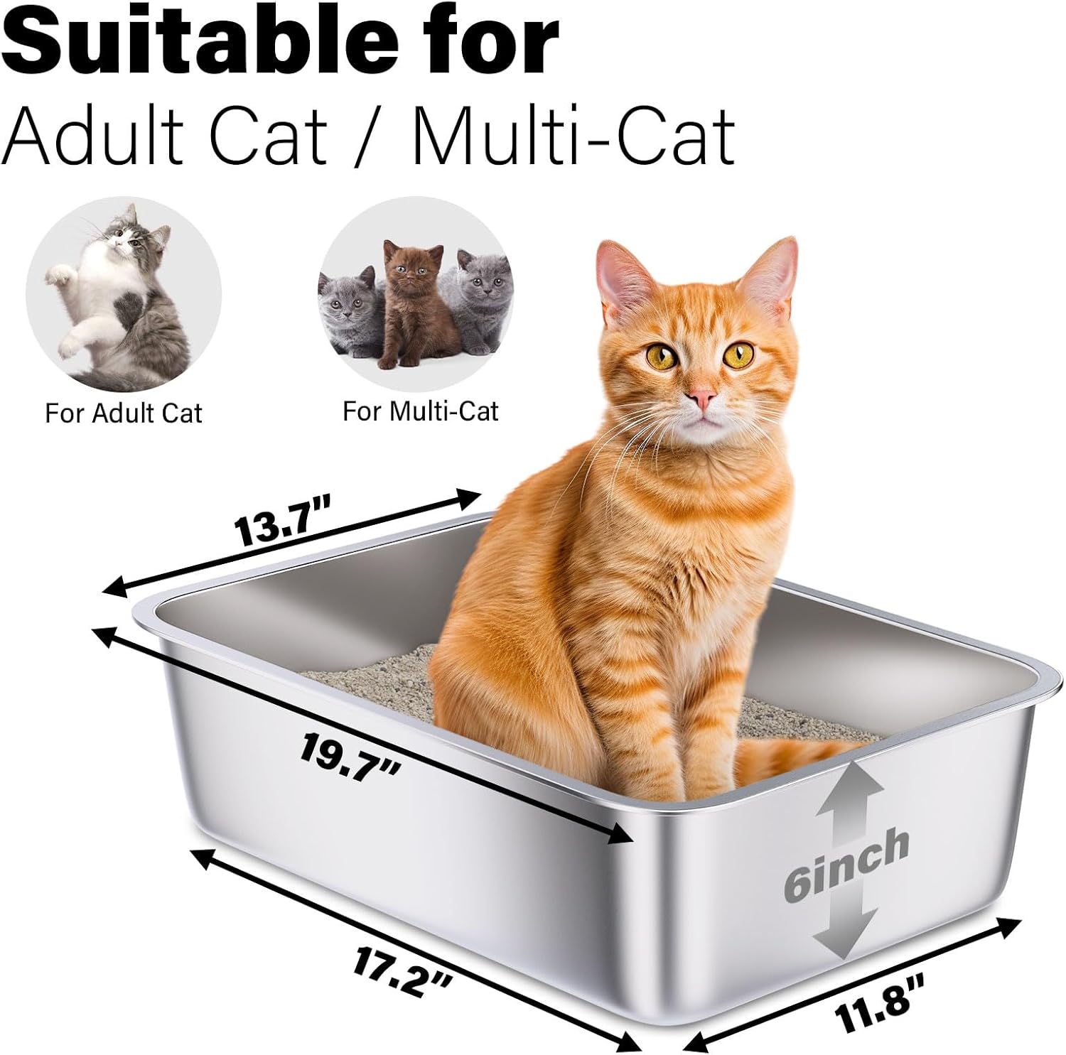 Detalle de Holintan Litter Box, Large Stainless Steel Cat Pan, 19.7 x 13.7 x 6 in