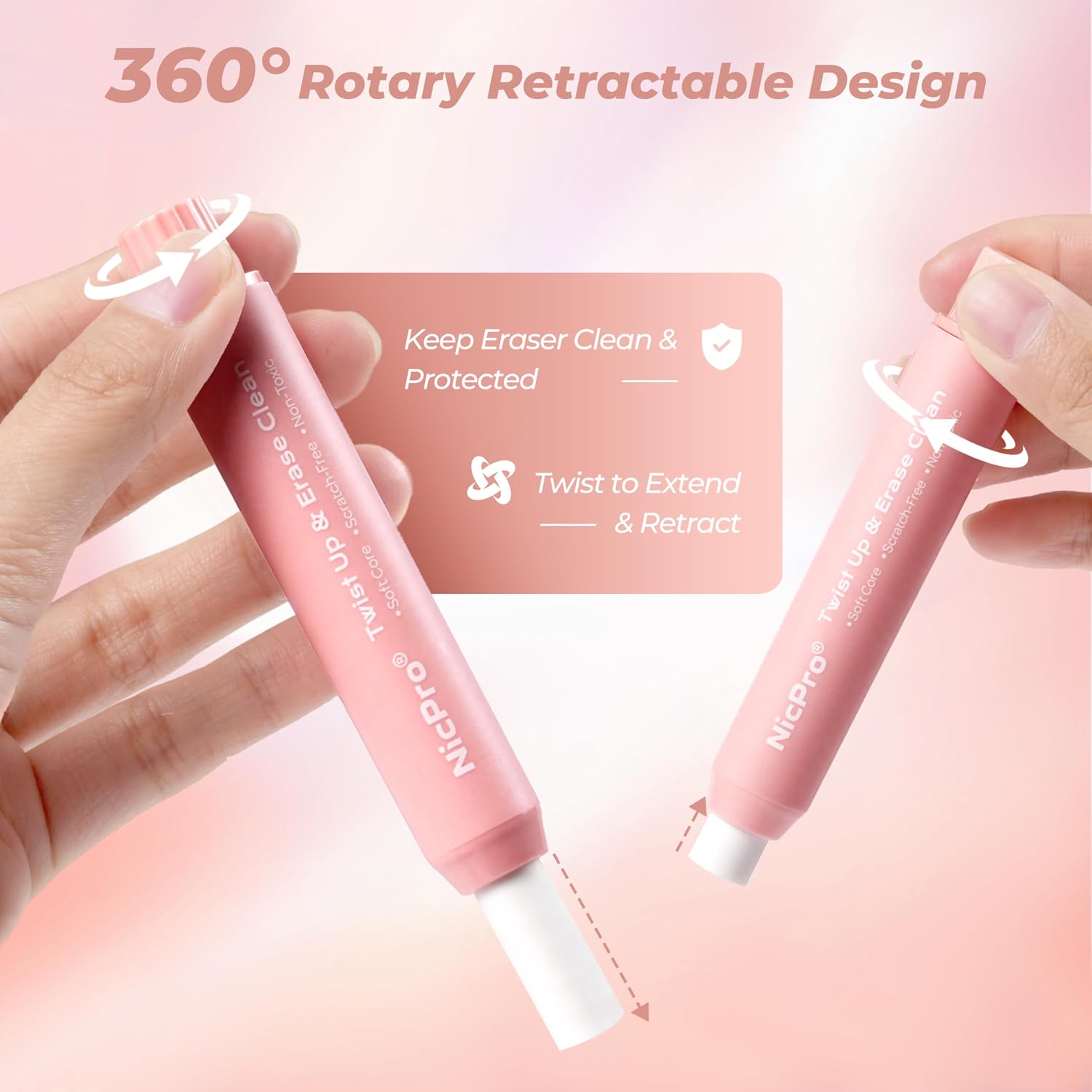 Detalle de Nicpro 6-Pack Retractable Erasers, Soft TPE with Twist-Up Design