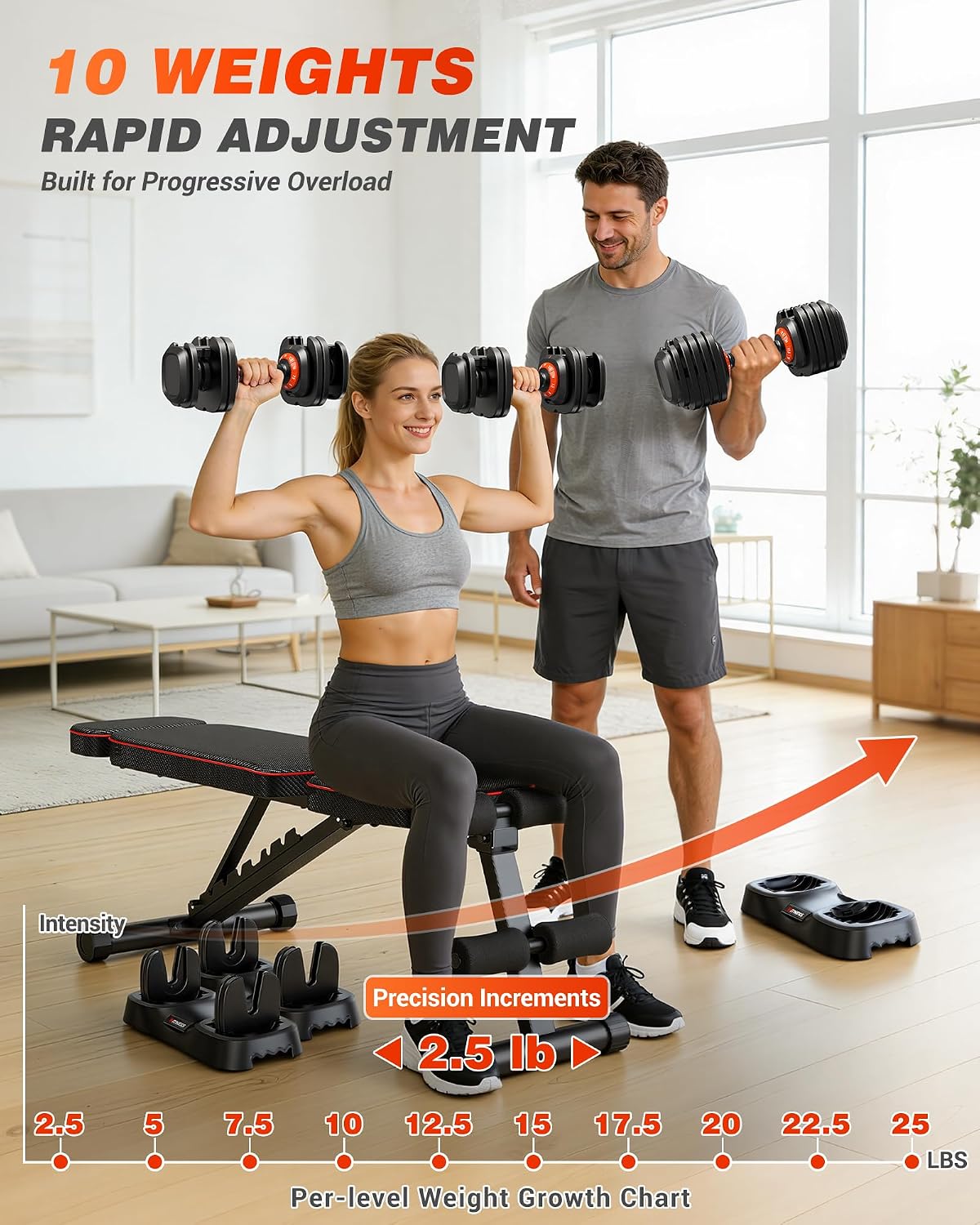 Detalle de Rendpas Adjustable Dumbbells, 2.5–25 lb Pair, 10 Settings, Quick-Lock