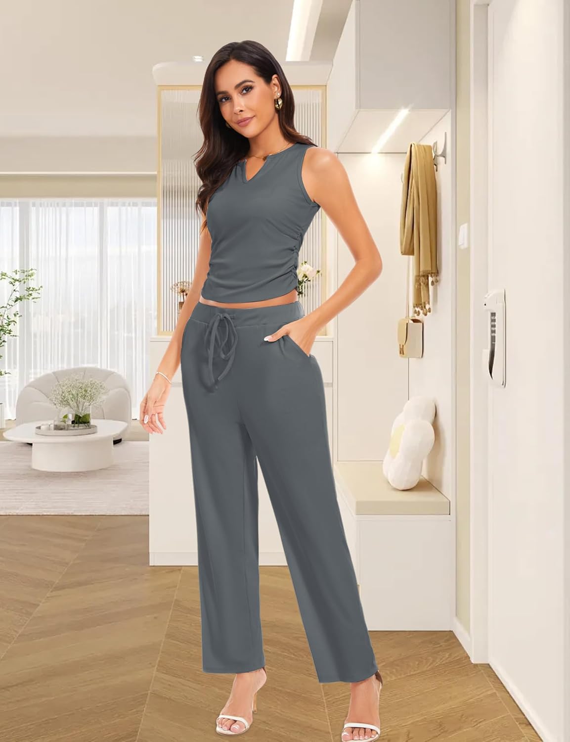 Thumbnail 3 de HANERDUN Damen Schlafanzug Kurz 3-teiliges Set mit offener Strickjacke – Cami, Shorts & Gürtel