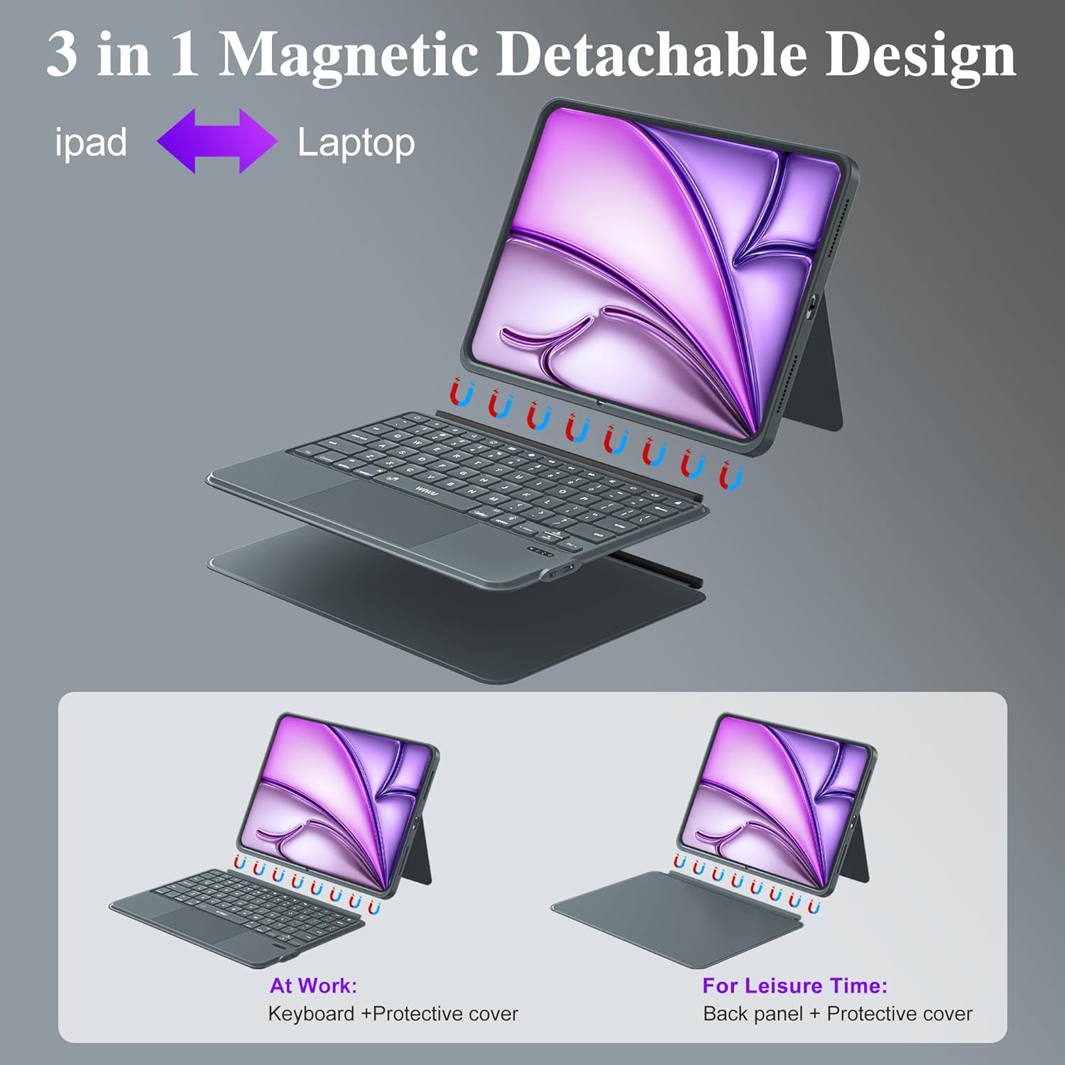 Thumbnail 2 de WIWU 3-in-1 Magnetic Keyboard Case for iPad Air 13-inch (M2/M3/M4) & Pro 12.9-inch (Gen 6/5/4/3) – Backlit Keys, Trackpad & Adjustable Stand (Grey)