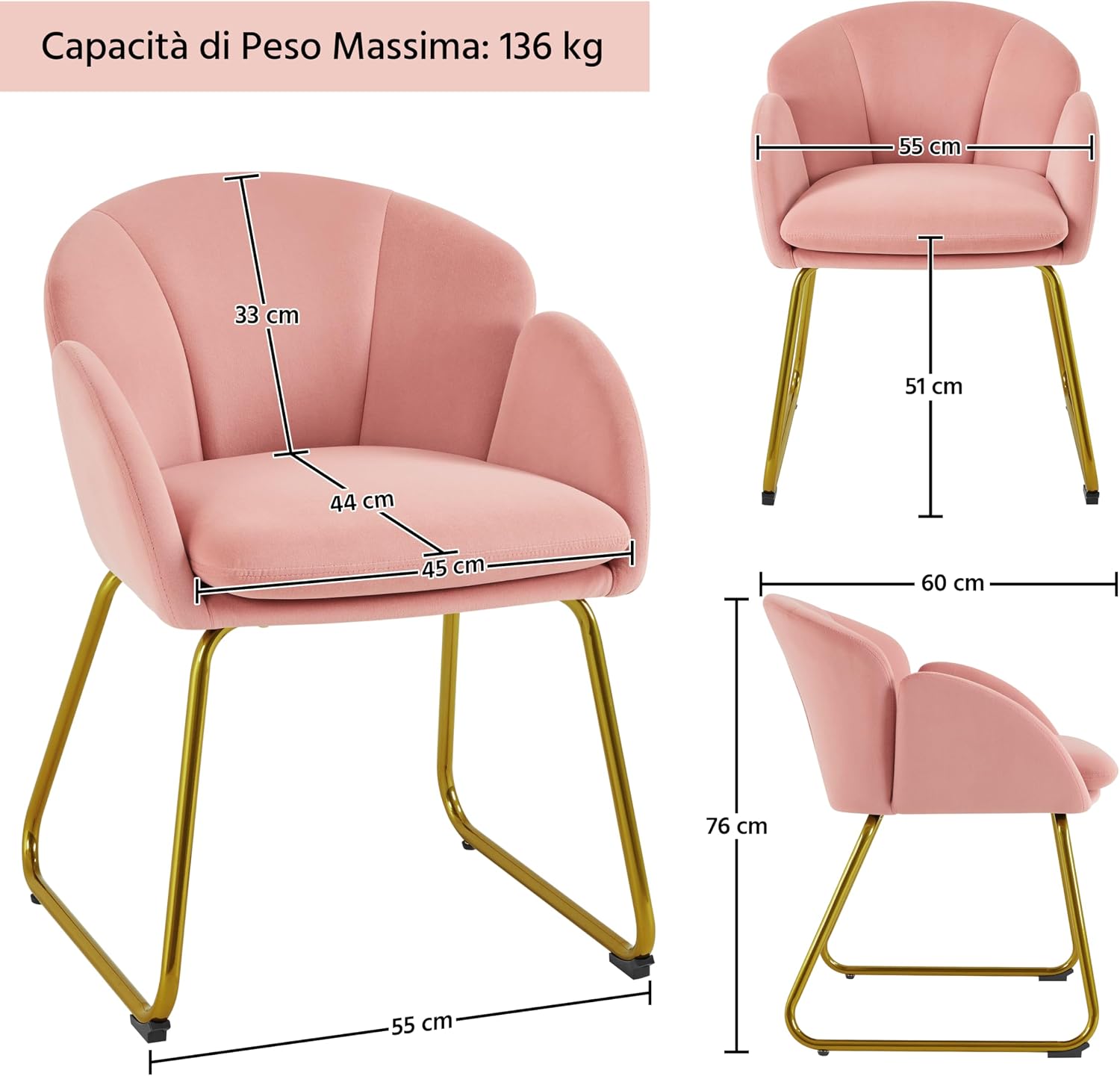 Thumbnail 2 de Yaheetech poltroncina imbottita in velluto rosa per camera da letto e salotto, schienale circolare e braccioli