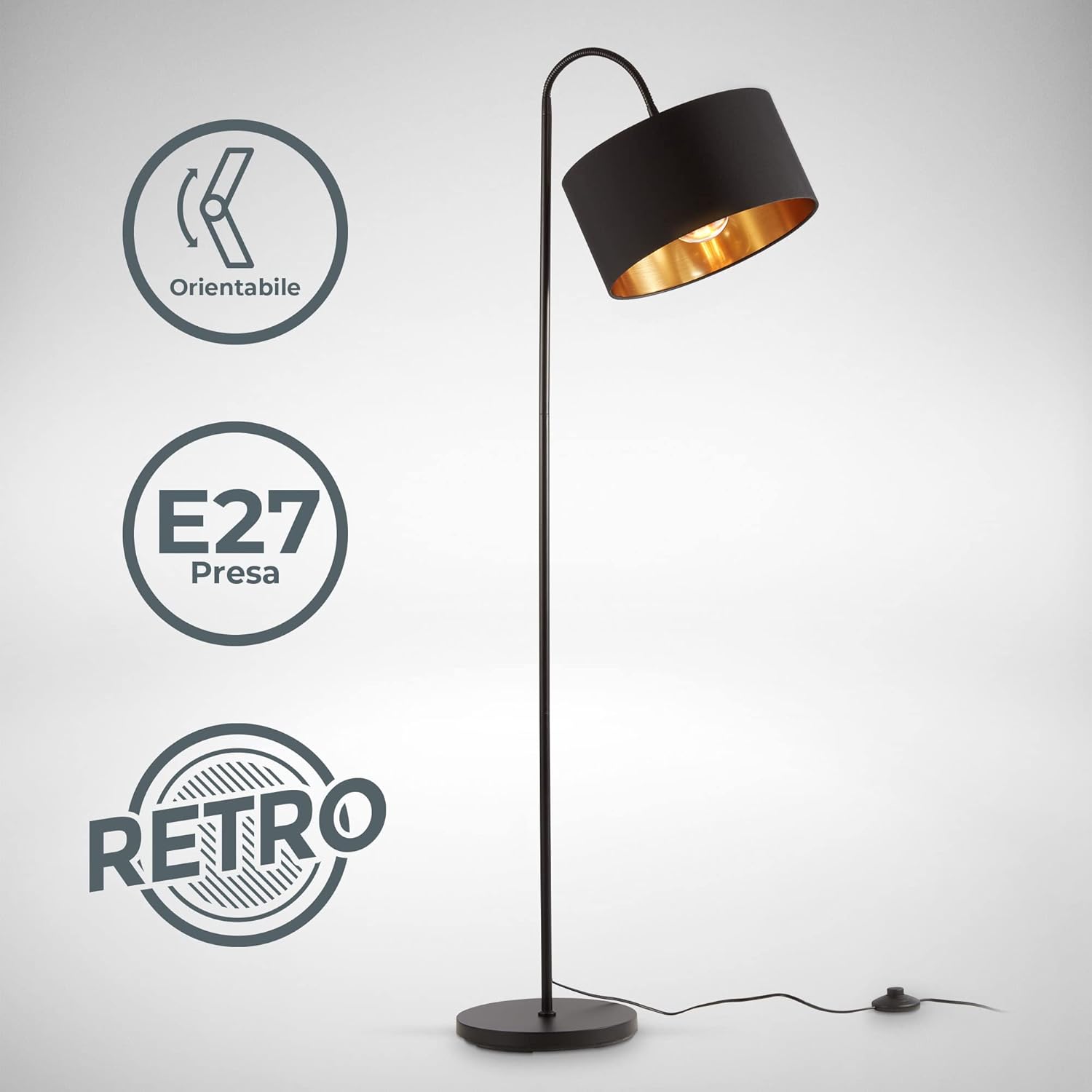 Thumbnail 3 de B.K.Licht Lampada da terra con paralume orientabile nero-oro, attacco E27, piantana retro con interruttore a pedale