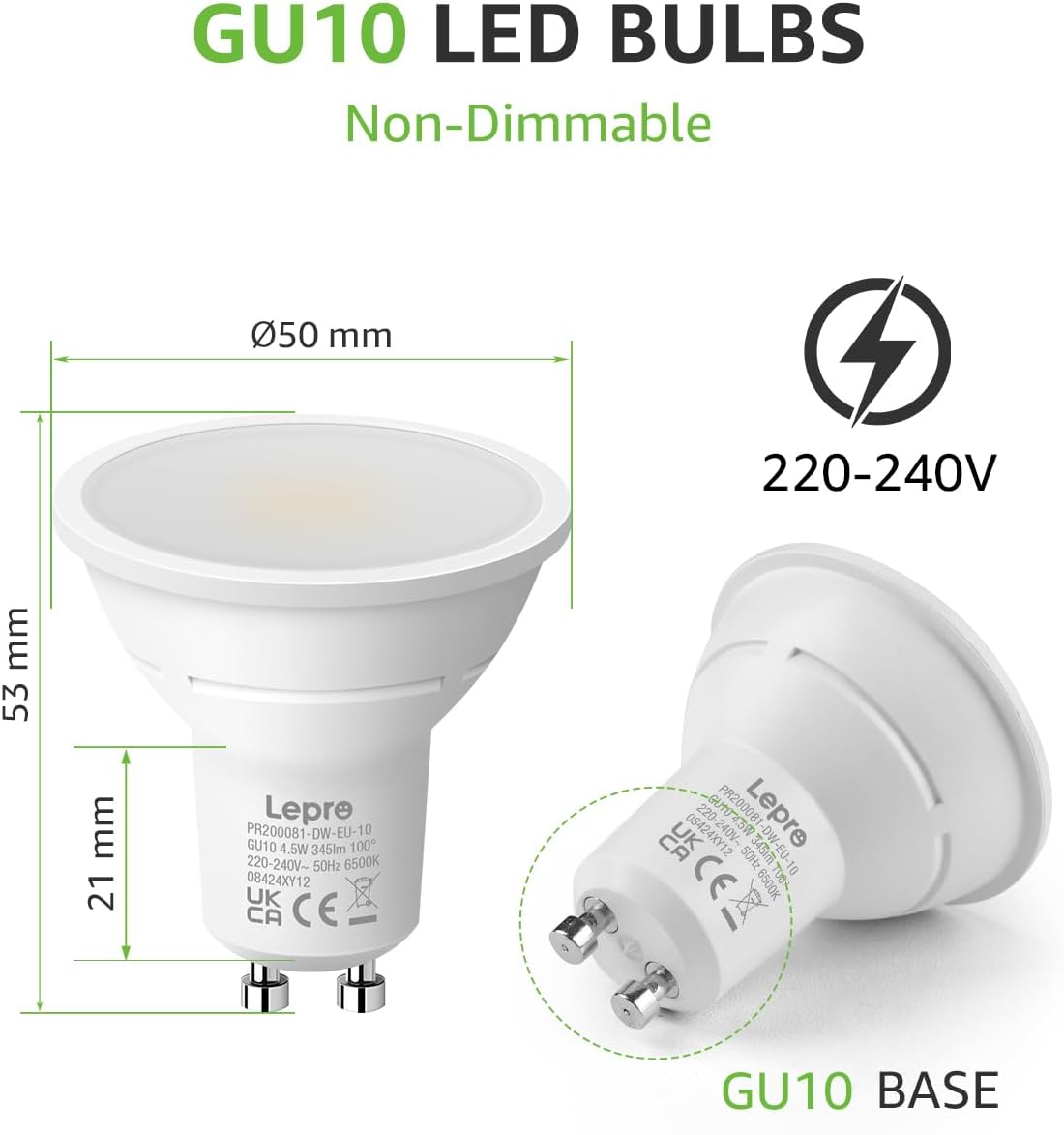 Detalle 2 de Lepro GU10 LED Bulbs (Cool White 6500K, 4.5W / 345lm) – 10 Pack, Non-dimmable
