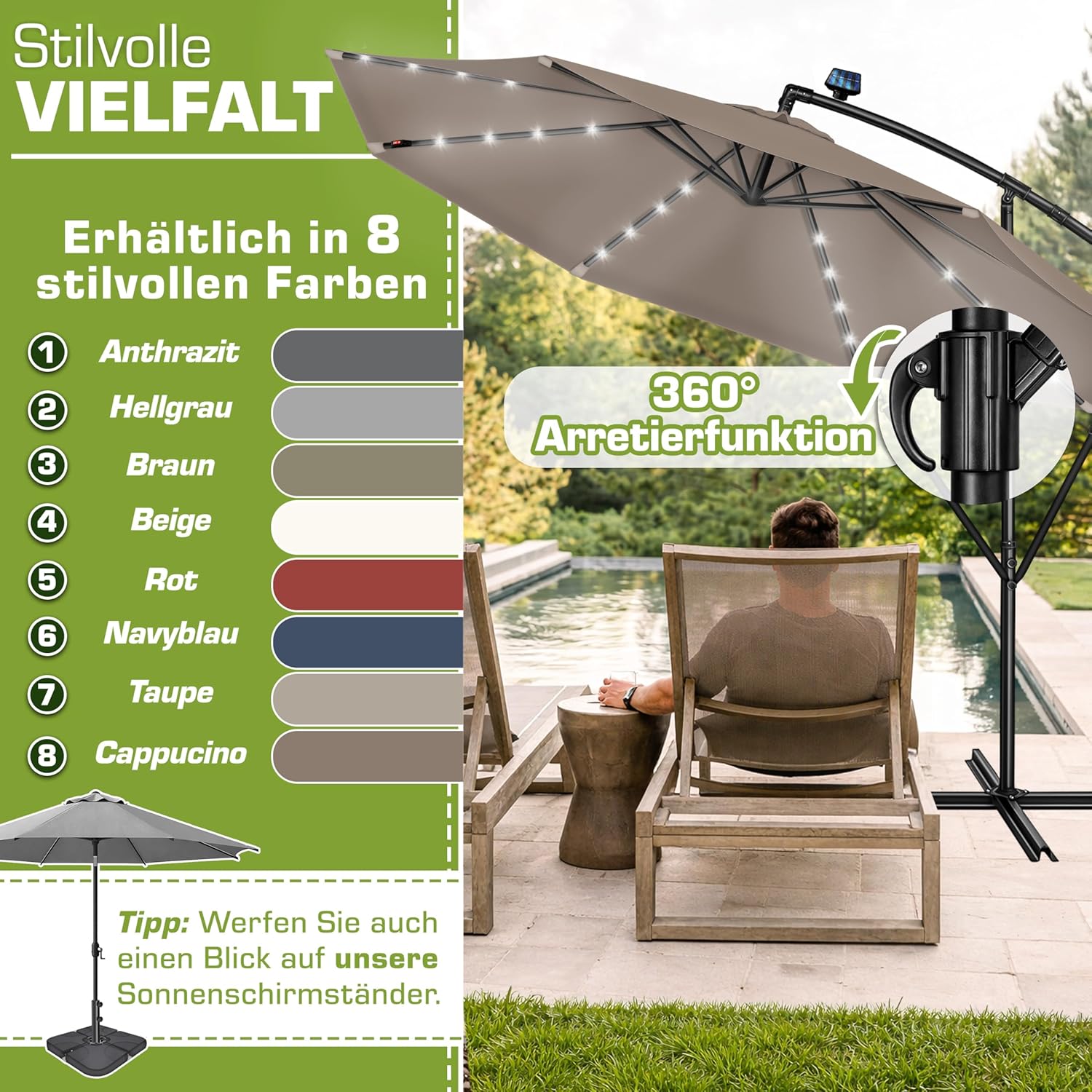 Thumbnail 4 de tillvex Alu Ampelschirm + Abdeckung LED Solar Ø 300 cm mit Kurbel – UV-Schutz, Windschutz und Beleuchtung