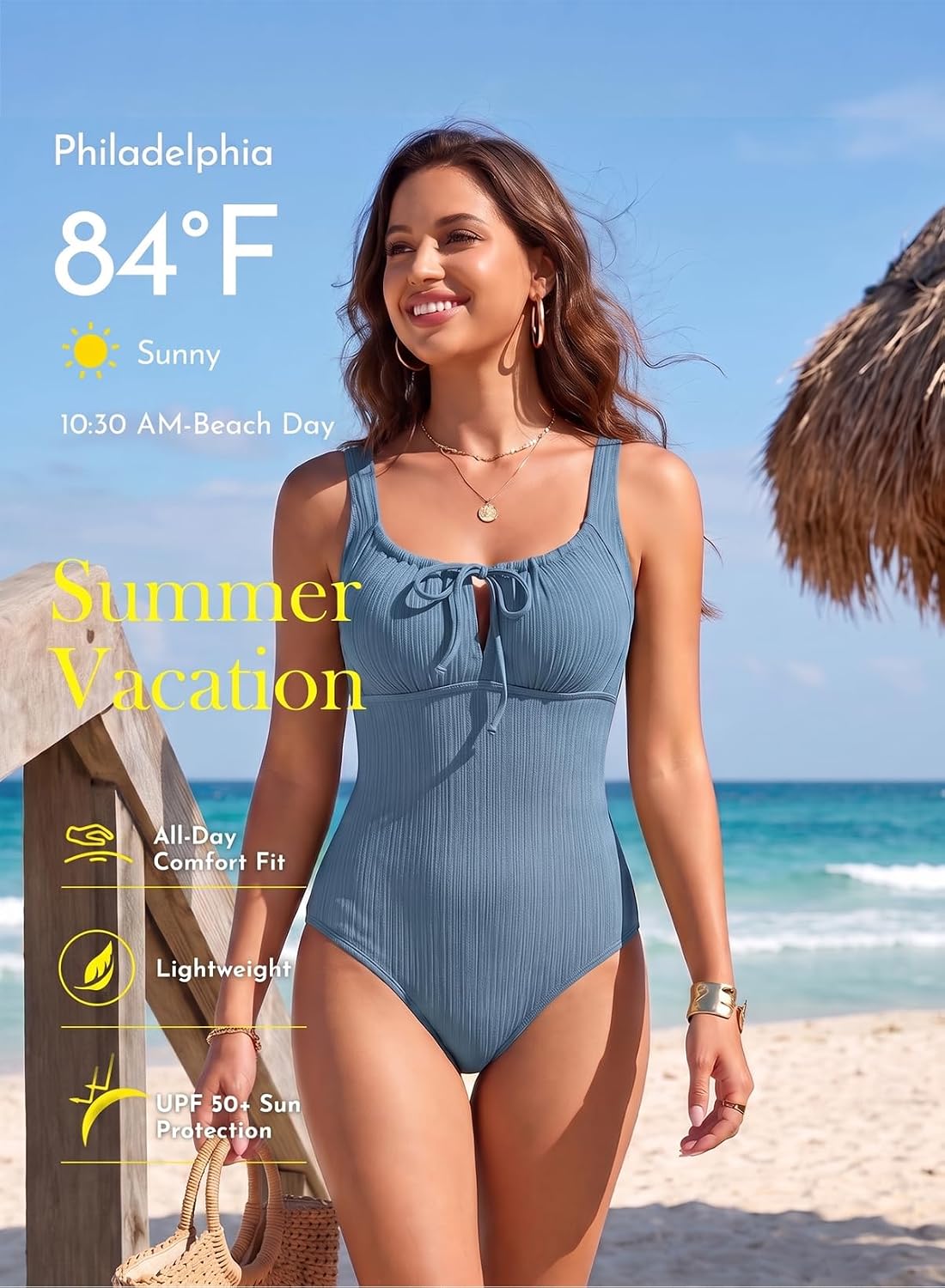 Detalle de Aleumdr Women's Textured One-Piece Swimsuit with Tummy Control, Tie Knot Cutout