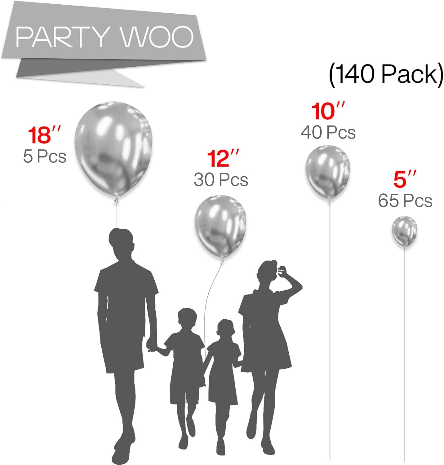Thumbnail 1 de PartyWoo Silver Balloons 140 pcs: Mixed Sizes for standout Arch, Garland, and Centerpieces