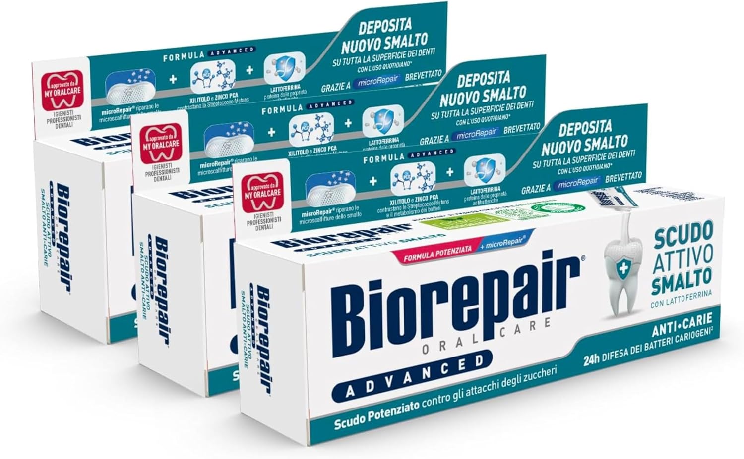 Detalle de Biorepair Advanced Dentifricio Scudo Attivo Anticarie – 3 Confezioni da 75 ml