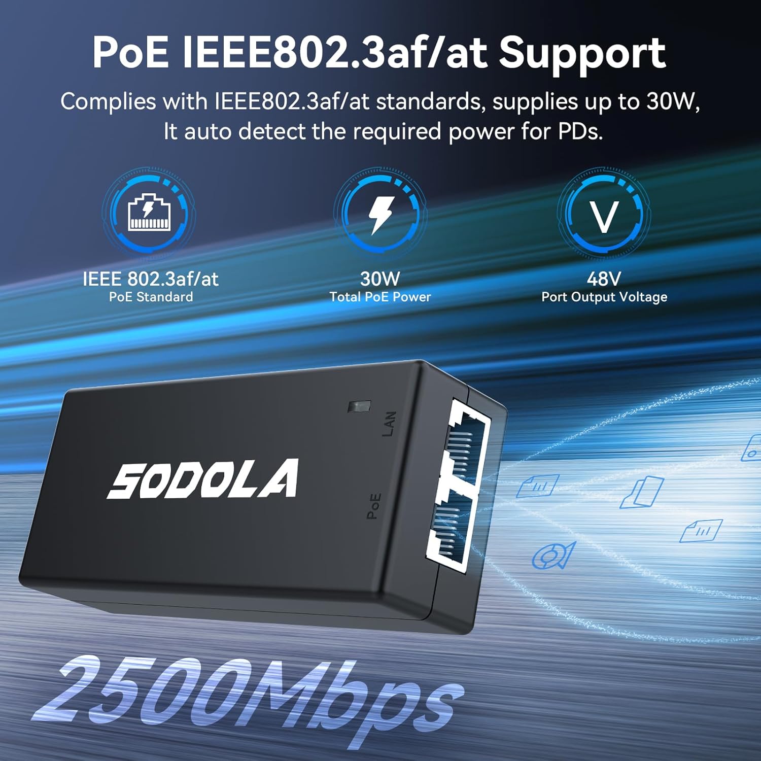 Detalle de Sodola 2.5G PoE Injector (IEEE 802.3af/at): Non-PoE to PoE, 30W, 2.5G, Plug & Play