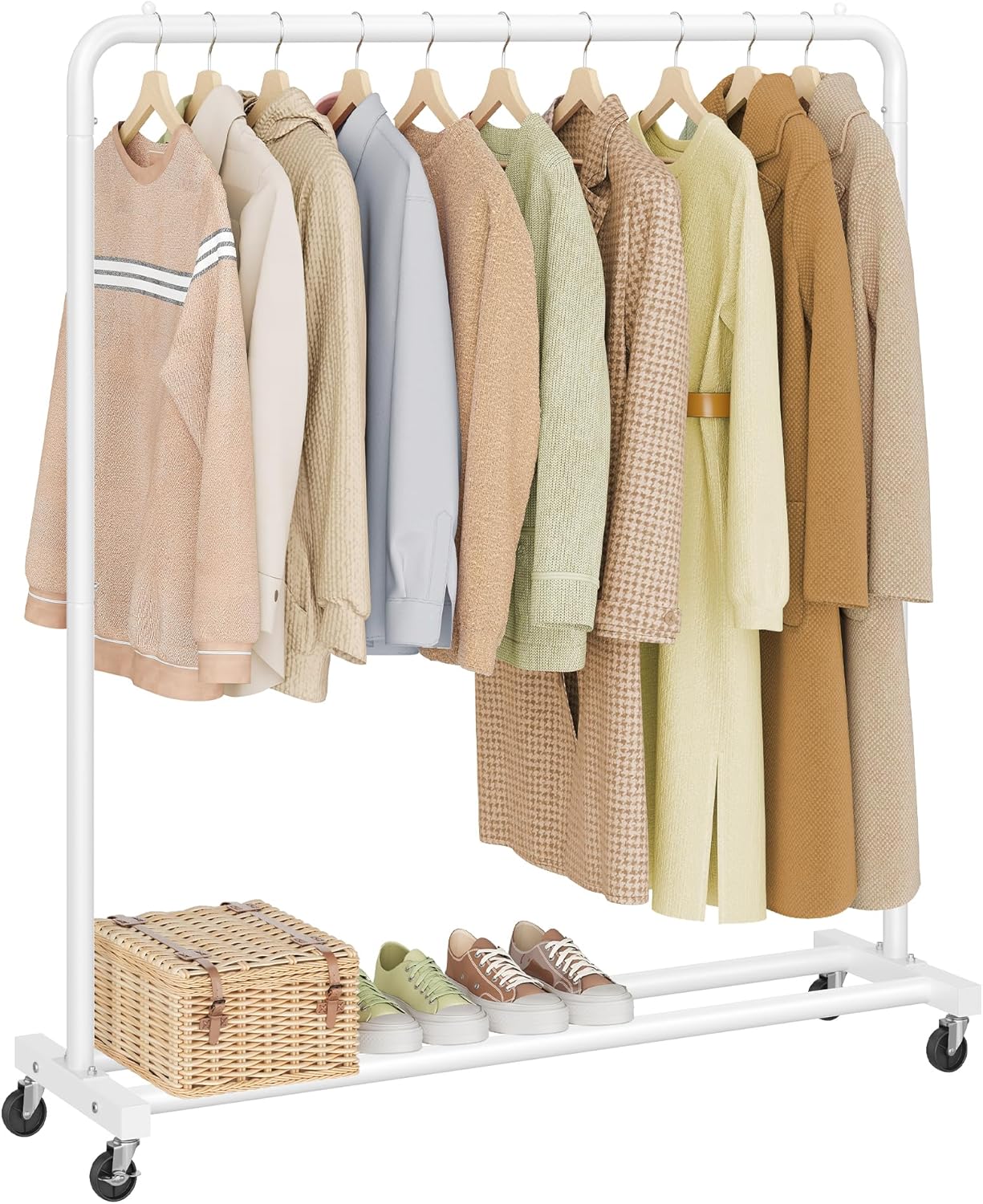 Detalle de SONGMICS Clothes Rack on Wheels HSR016WG01: A sturdy, mobile garment rail with lockable wheels
