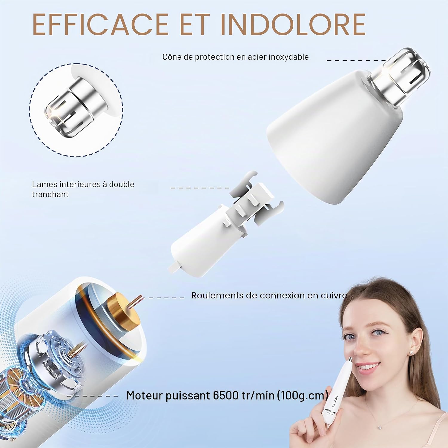 Detalle de HEBECA Tondeuse de nez et 2-en-1 sourcils et visage – rechargeable, étanche et portable