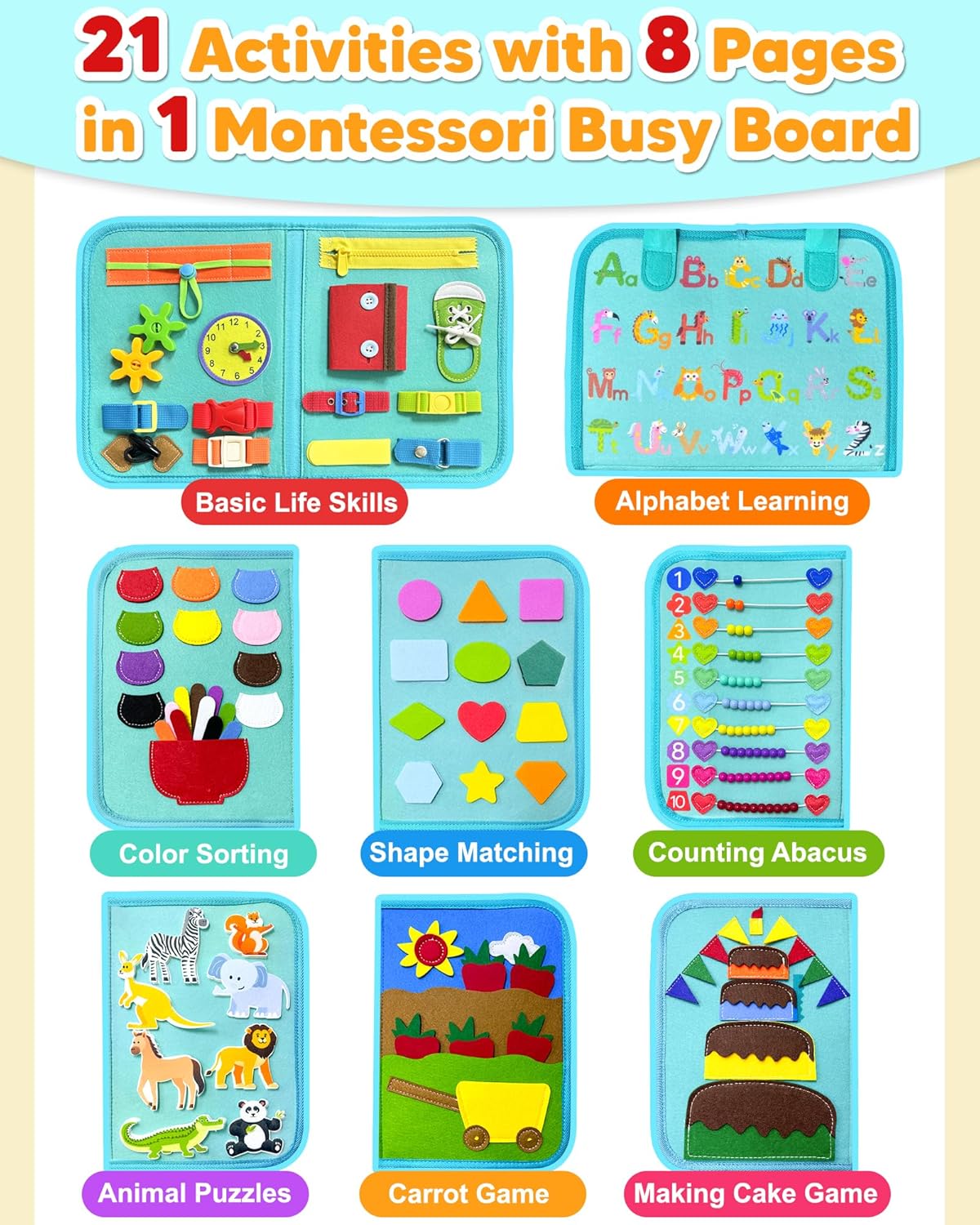 Detalle de Exorany Busy Board Montessori Toys for Toddlers — 8-Page Travel Learning Book