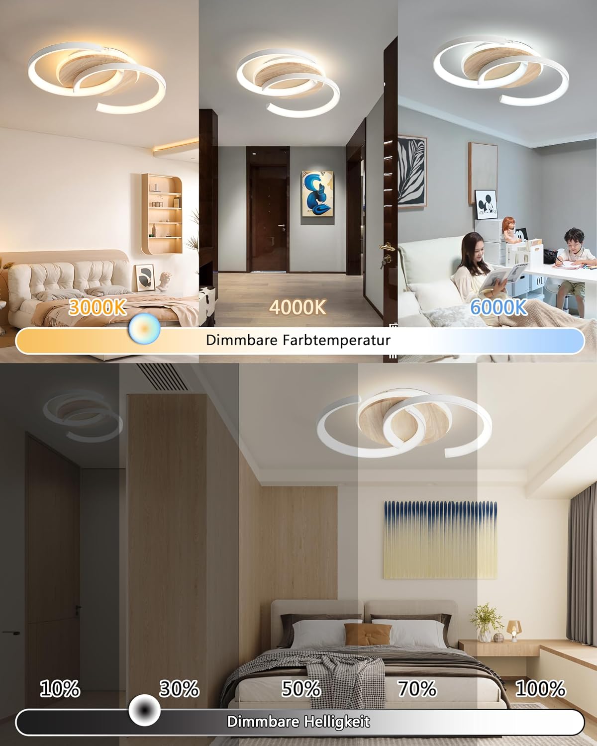 Detalle 1 de LED Deckenlampe Holz „S“ 2-Ringe, dimmbar (28 W, 2800 lm, 3000–6000 K) mit Fernbedienung
