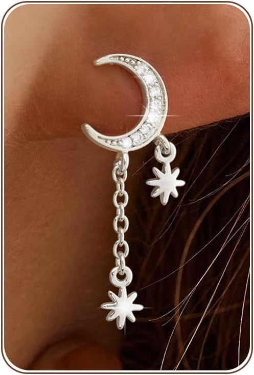 Detalle de HANLI Silver Drop Earrings for Women – 14K Gold Plated Hypoallergenic Cubic Zirconia Moon & Star Statement Earrings