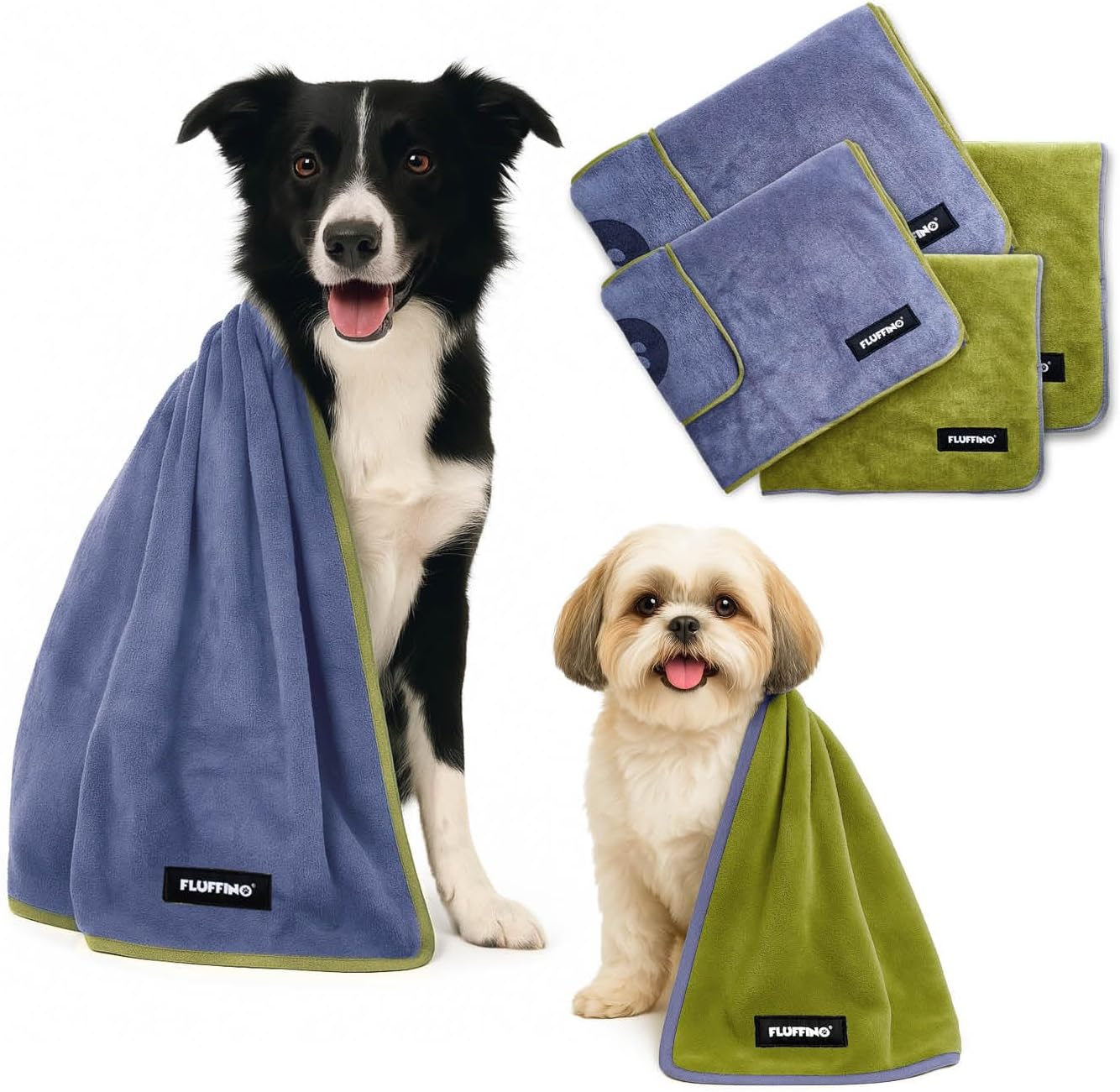 FLUFFINO Hundehandtuch 4er Set – extra saugfähig, weich und praktisch in zwei Größen