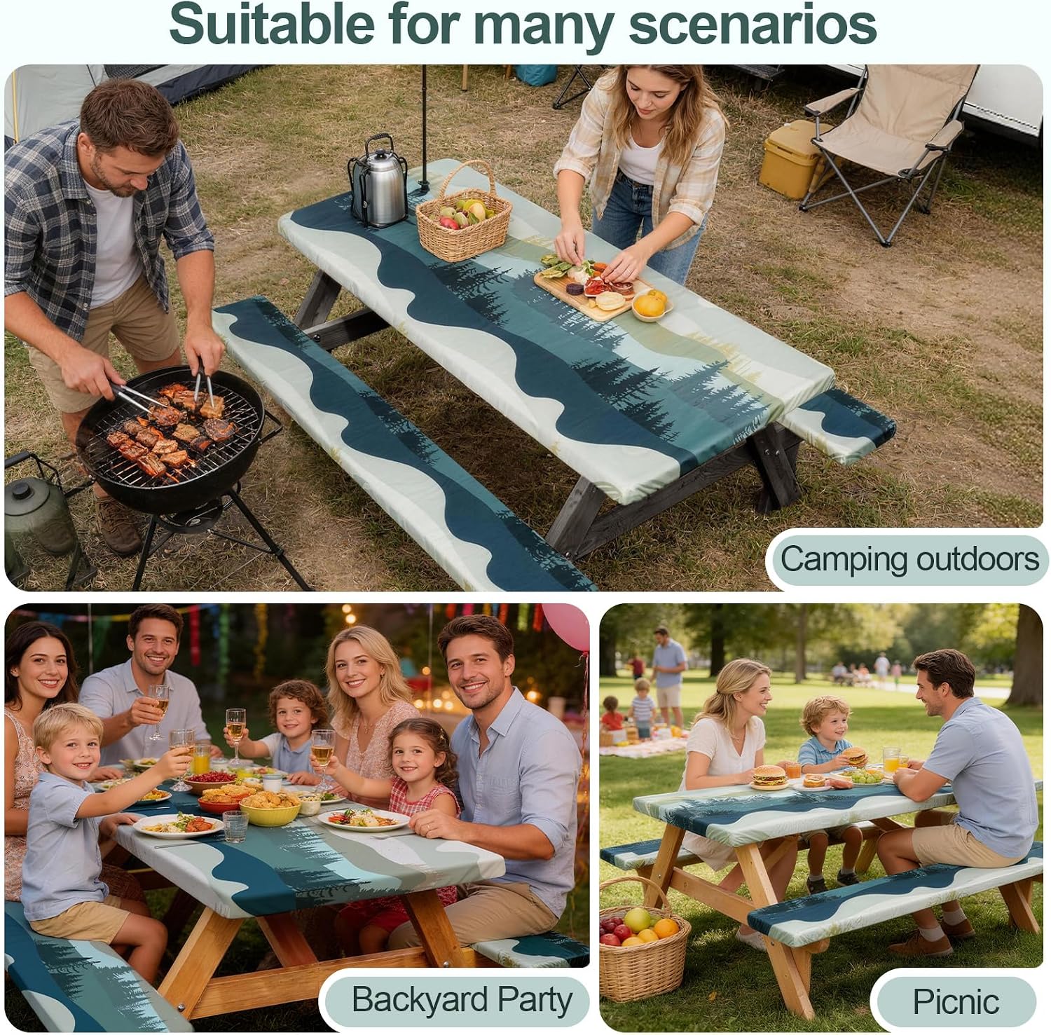 Thumbnail 6 de Picnic Table Cover with Bench Covers (96in, Green/Blue) – Waterproof, Windproof Outdoor Tablecloth Set