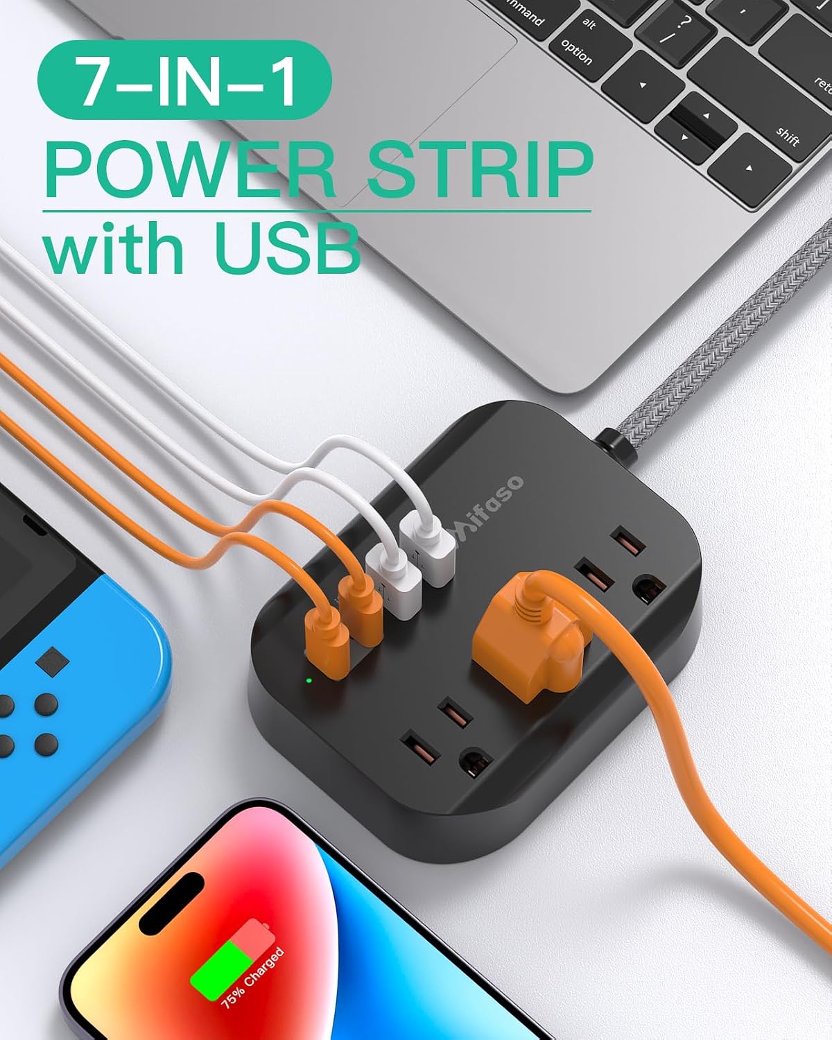 Detalle de Travel Essentials: Mifaso Power Strip with USB, 5ft Flat Plug Extension (3 Outlets, 4 USB Ports) — Non-Surge, Cruis Ship & Dorm Ready