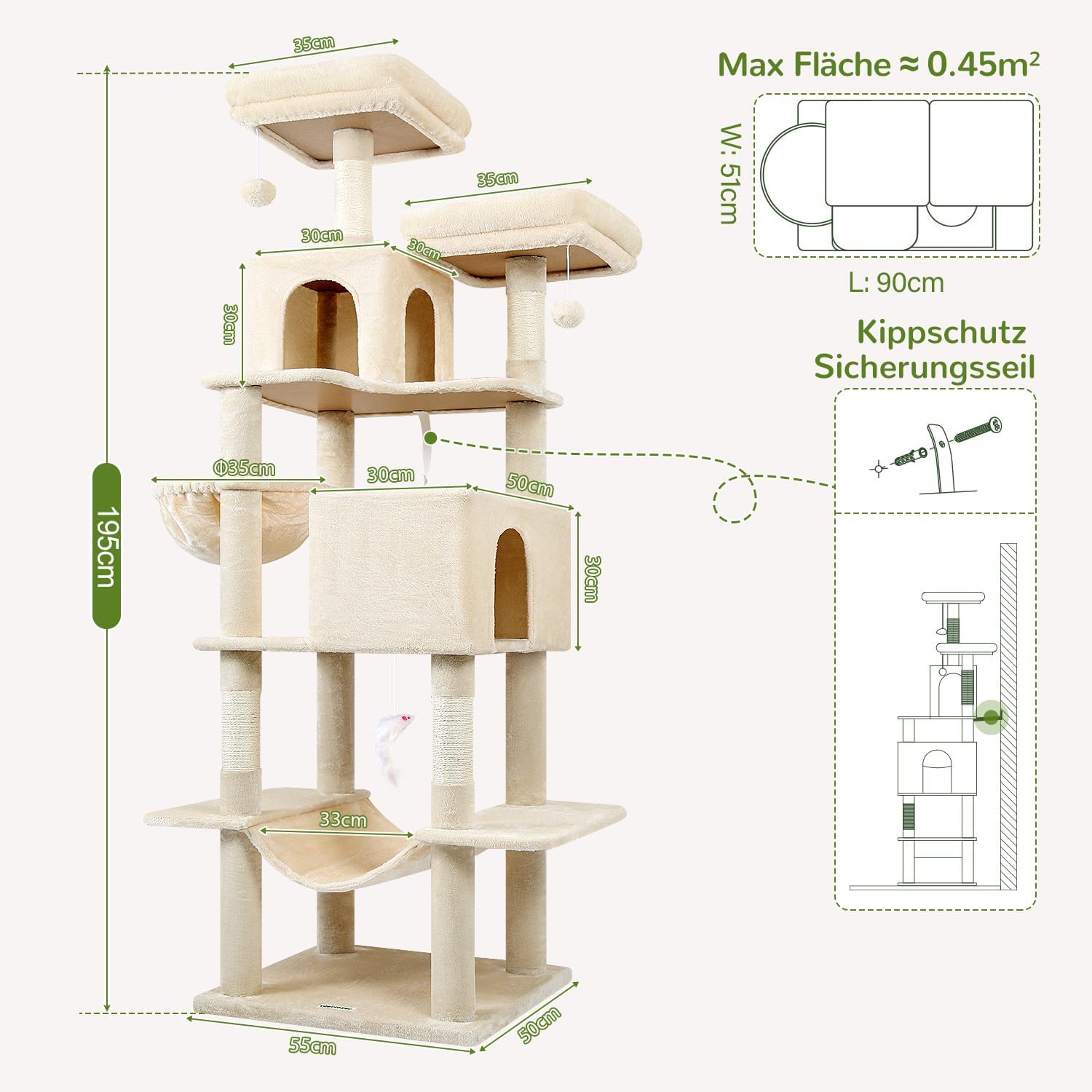 Detalle de Globlazer Kratzbaum Beige XXL 195 cm hoch mit 2 Katzenhäusern, 2 Sitzstangen und großer Hängematte