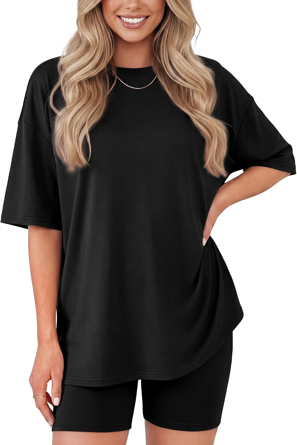 Detalle de ZOOSIXX 2 Piece Sets for Women Summer — Oversized T Shirt & High-Waisted Biker Shorts Lounge Set