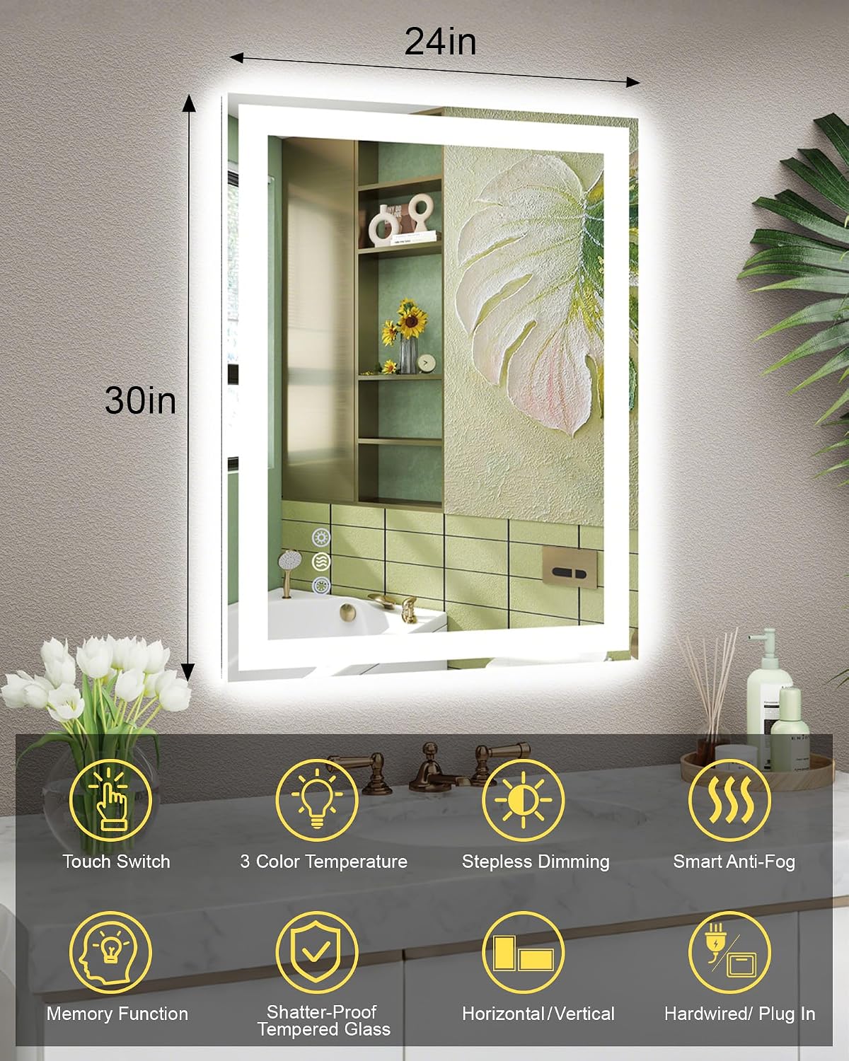 Thumbnail 5 de 24x30" LED Mirror with Stepless Dimmable Lights ⚙