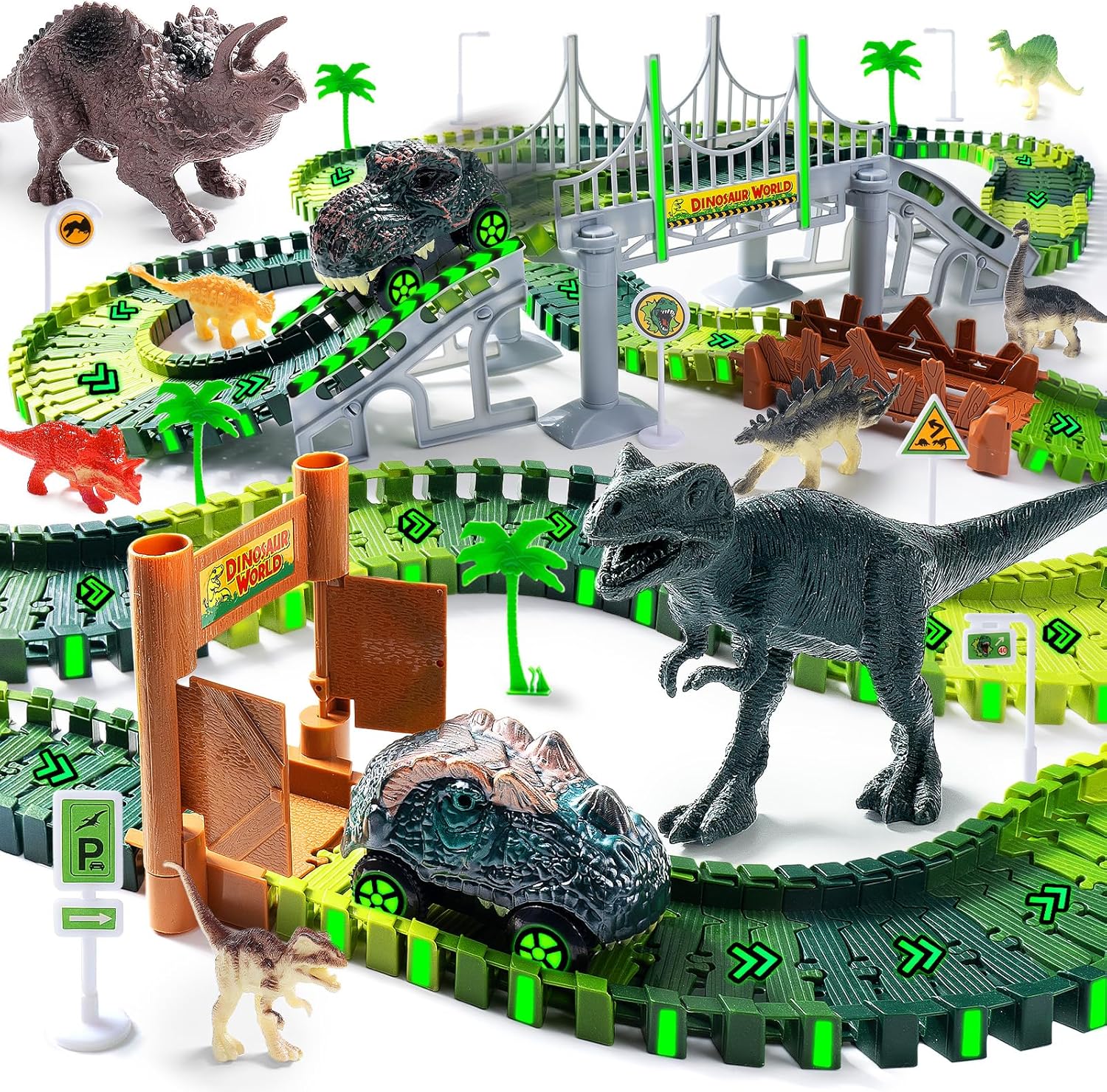 Dinosaurier Spielzeug Autorennbahn – DIY Rennstrecke mit 2 Dinolokomobilen für kreativen Abenteuer
