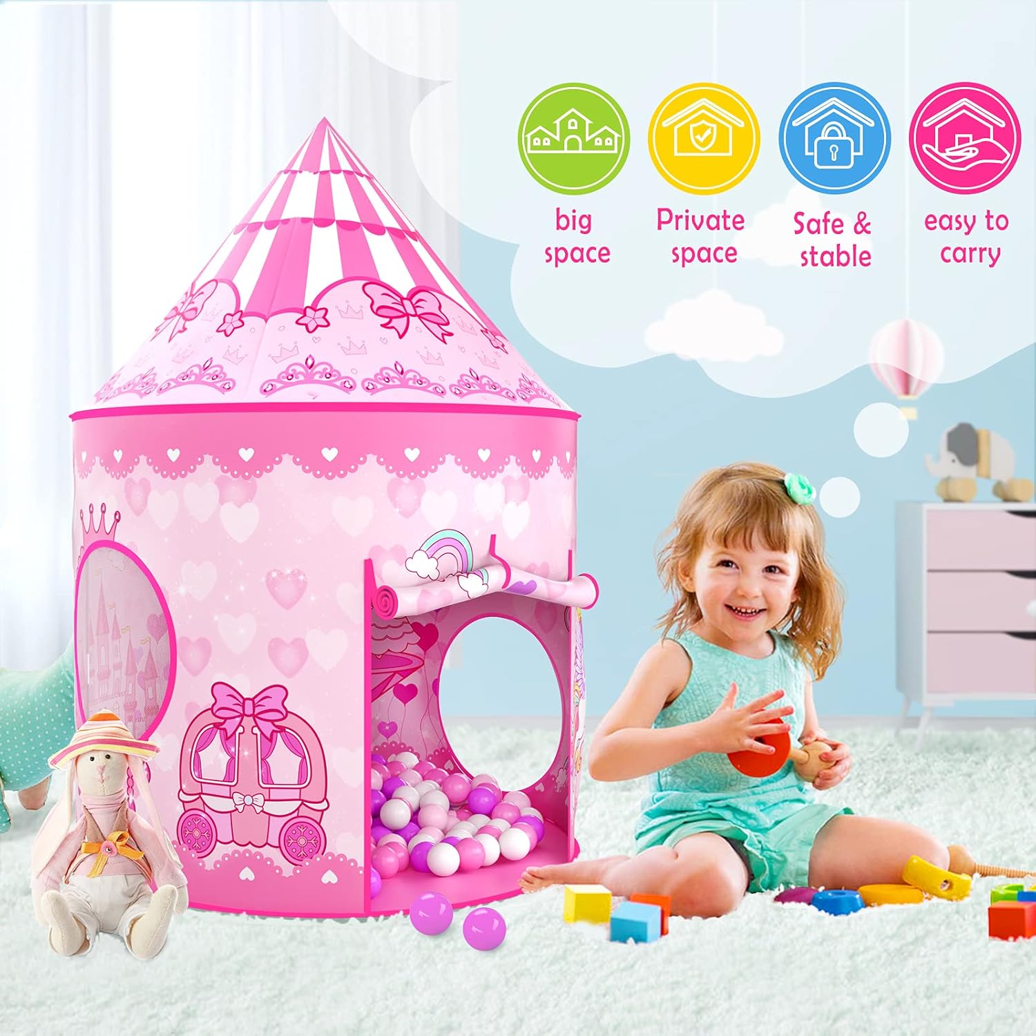 Thumbnail 1 de GeerWest 3-Piece Princess Tent for Girls with Ball Pit and Crawl Tunnel (Pink) – Indoor & Outdoor 3-in-1 Playhouse