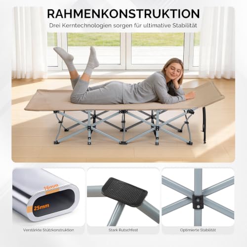 Detalle de Bonnlo Feldbett klappbar mit Matratze – XXL Campingbett 190 x 71 x 36 cm, verstärkte Stahlrohre, Oxford-Gewebe, Braun