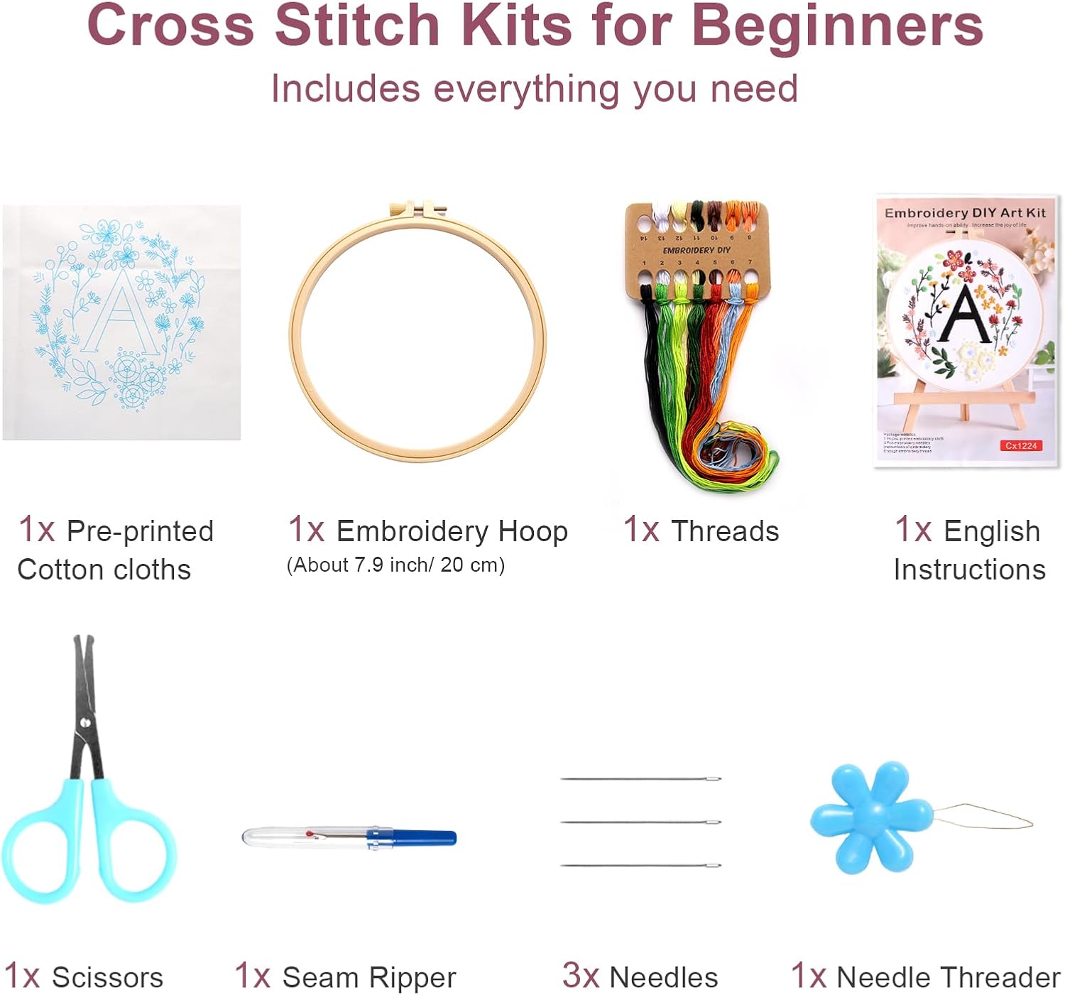 Thumbnail 1 de VUEJIC Beginner Embroidery Kit for Adults (Letter A & floral cross-stitch patterns) with hoop, floss and tools