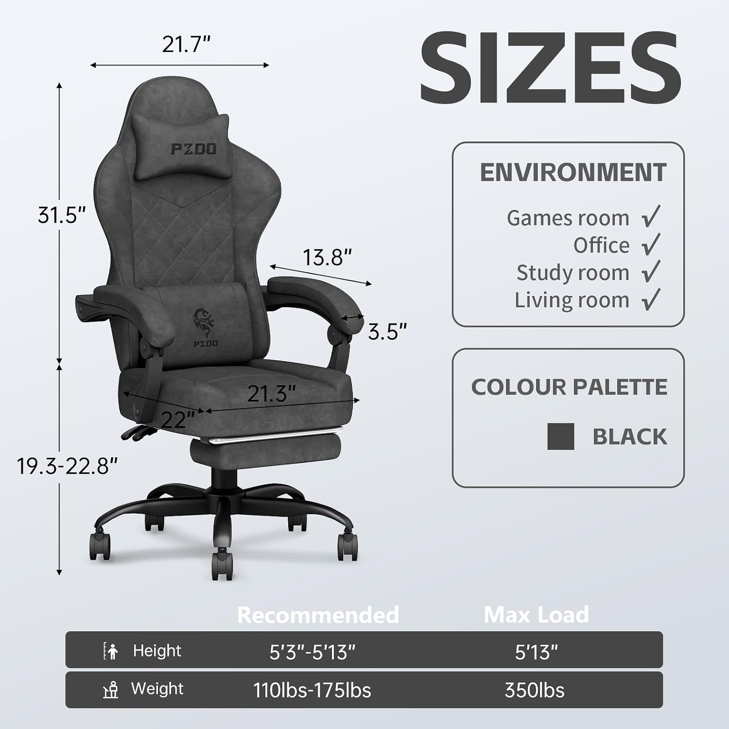 Detalle de PZDO gaming chair 350LBS footrest