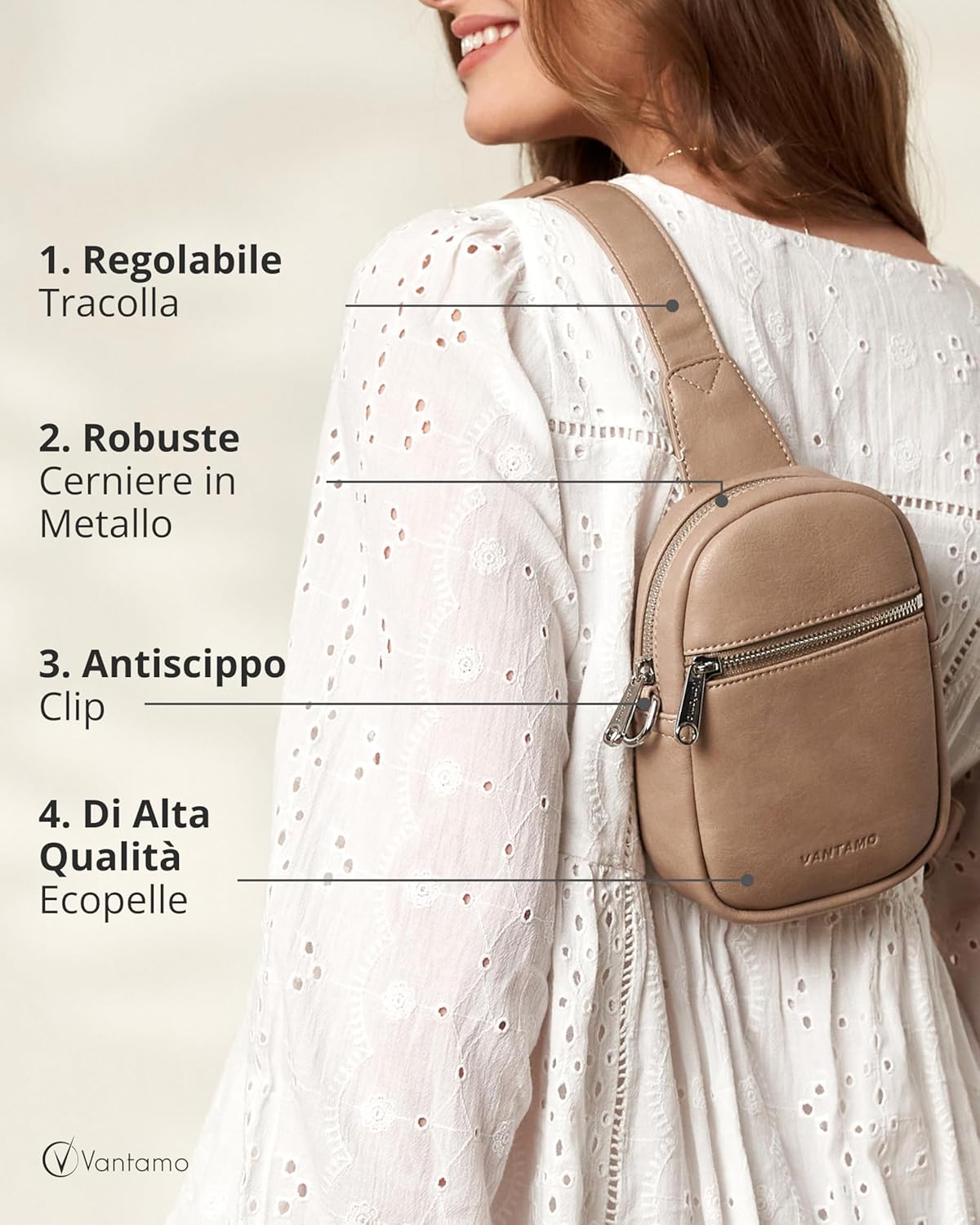 Thumbnail 4 de Vantamo Tracolla crossbody da donna in pelle vegana con blocco RFID e clip antifurto