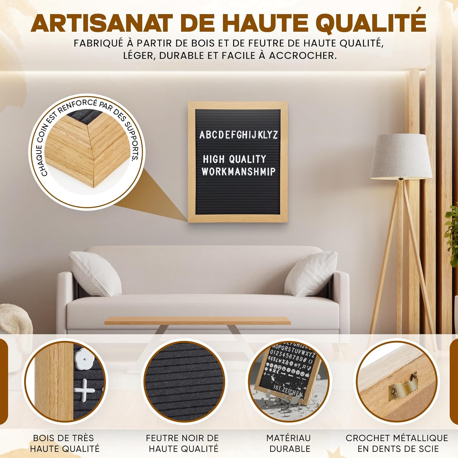 Detalle de Tableau à Lettre Memoboard en bois de 27 cm – design rétro et pratique