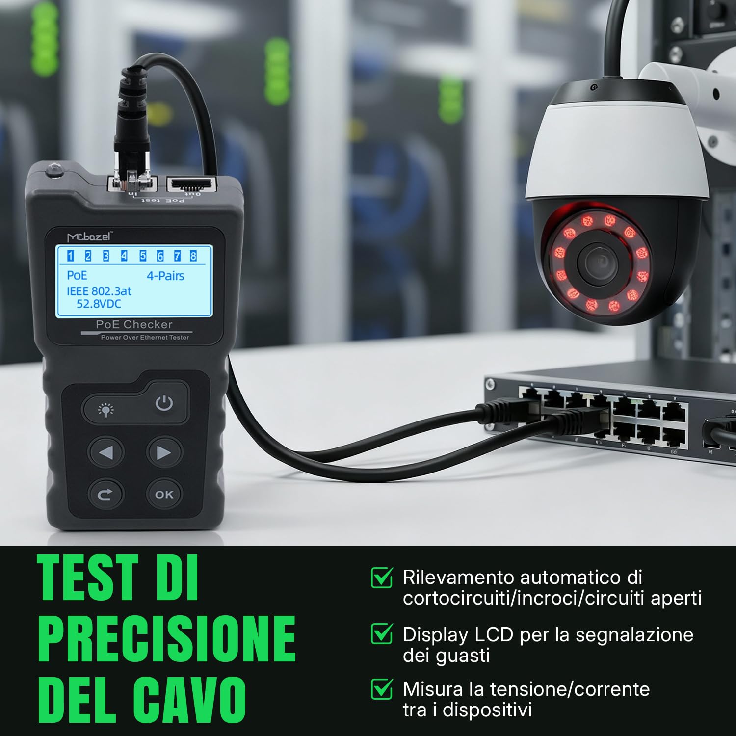 Detalle 2 de Tolesum Tester di Rete RJ45 con LCD e test PoE per individuare corto, incrocio e circuito aperto