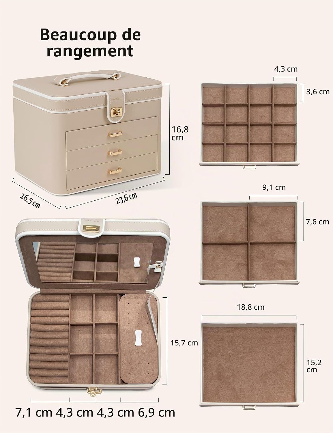 Detalle de KAMIER Grande boîte à bijoux en cuir PU beige à 4 niveaux avec miroir et serrure – Organiseur féminin