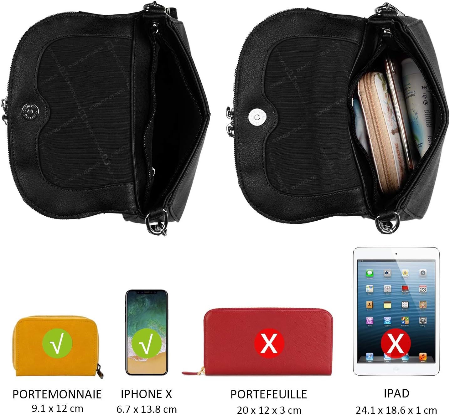 Thumbnail 6 de David Jones Petite besace femme à chaînes en PU noir – bandoulière réglable, zip et rabat 2 compartiments