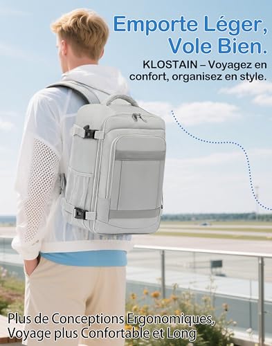 Detalle de KLOSTAIN Sac à dos Voyage Cabine 40x30x20 cm – 24 L, Anti-vol, Gris Clair
