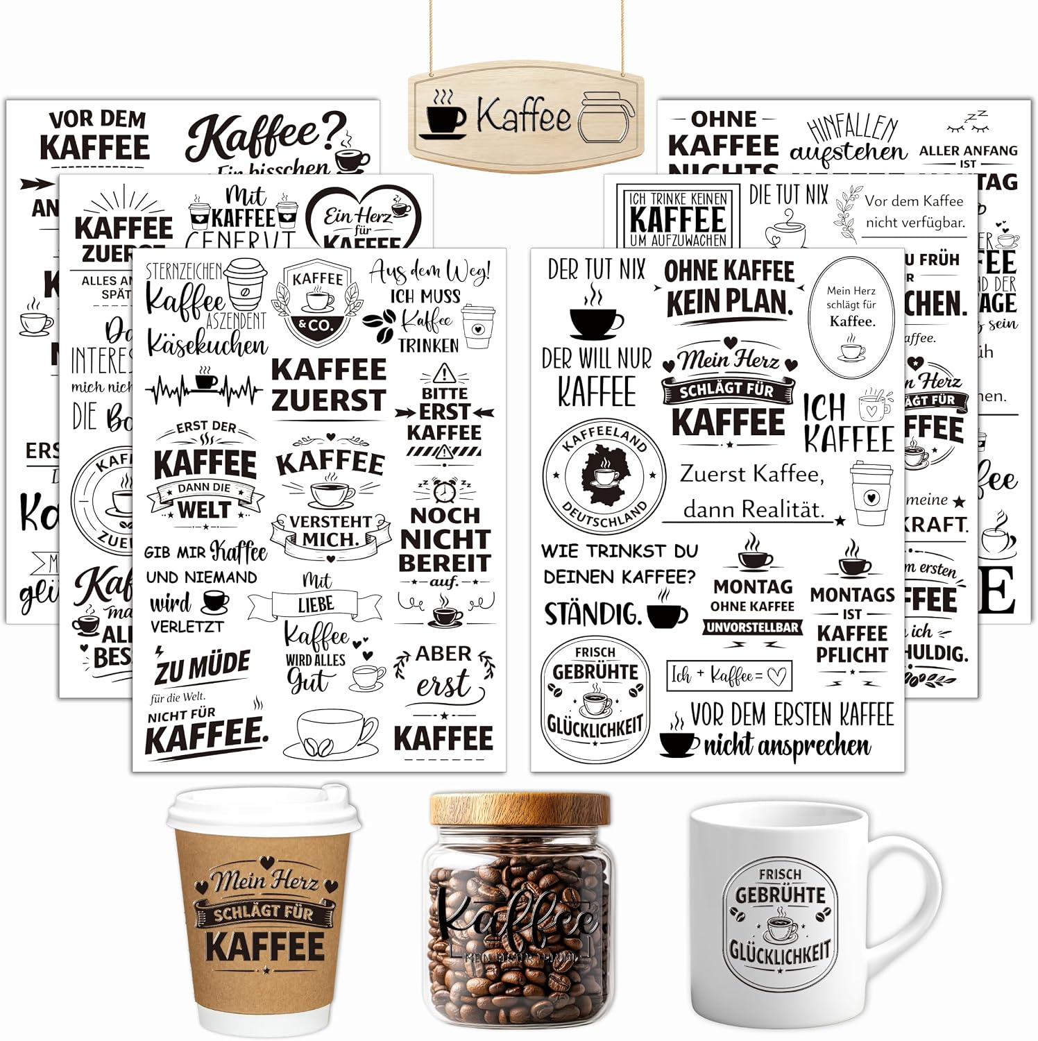 Rub-On Sticker Set Kaffee & Barista Sprüche – Abreibebilder für Glas, Keramik & Holz