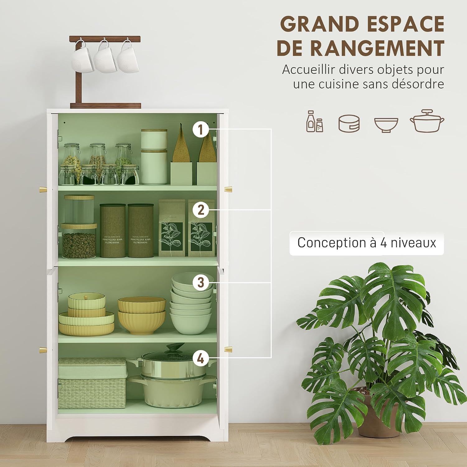 Detalle de HOMCOM Buffet cuisine moderne avec 4 portes cintrées et étagères réglables, blanc 60 x 30 x 110 cm