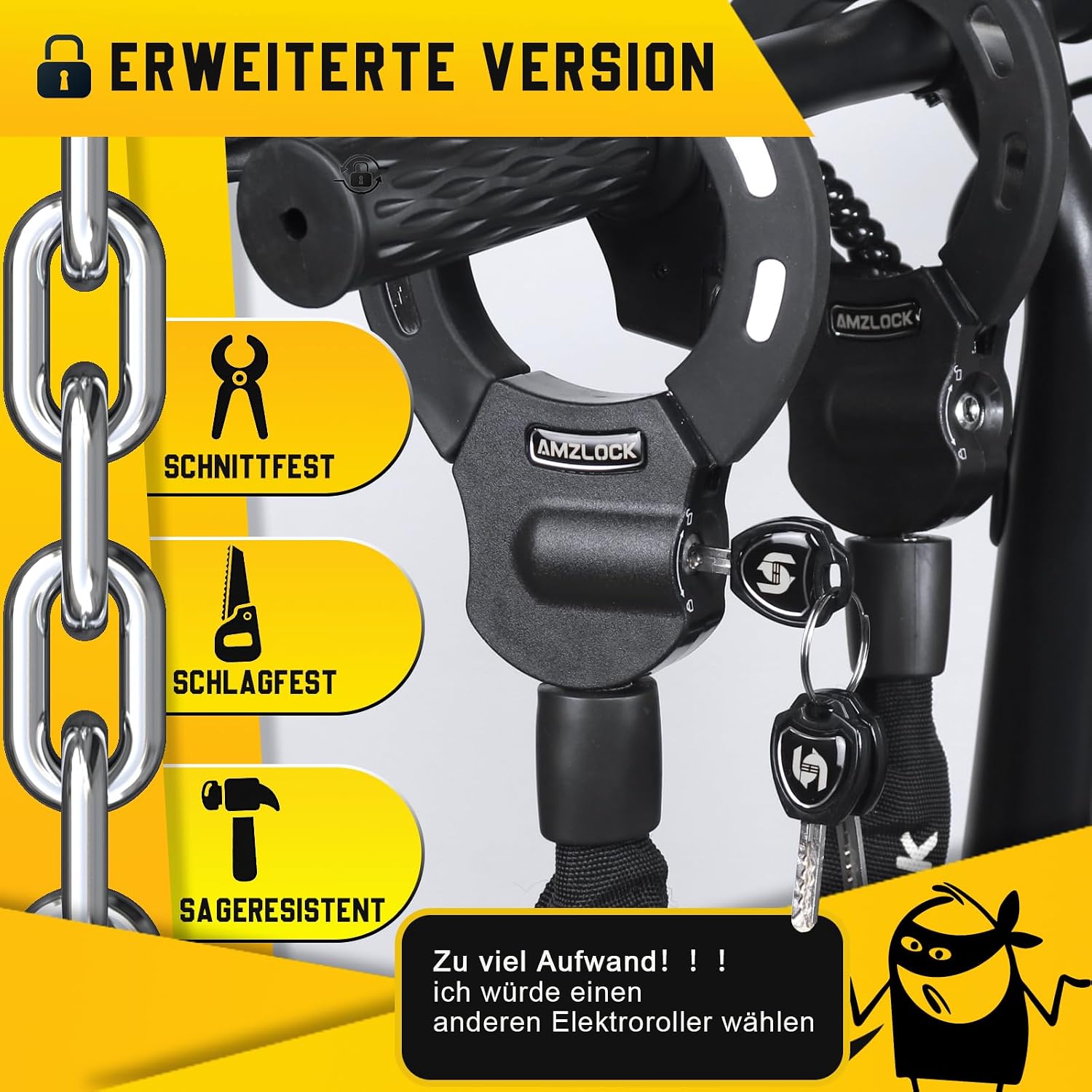 Detalle de AMZLOCK E-Scooter-Schloss mit 8 mm Kettenglied (75 cm) – Handschellenschloss für E-Roller & Fahrrad, 3 Schlüssel