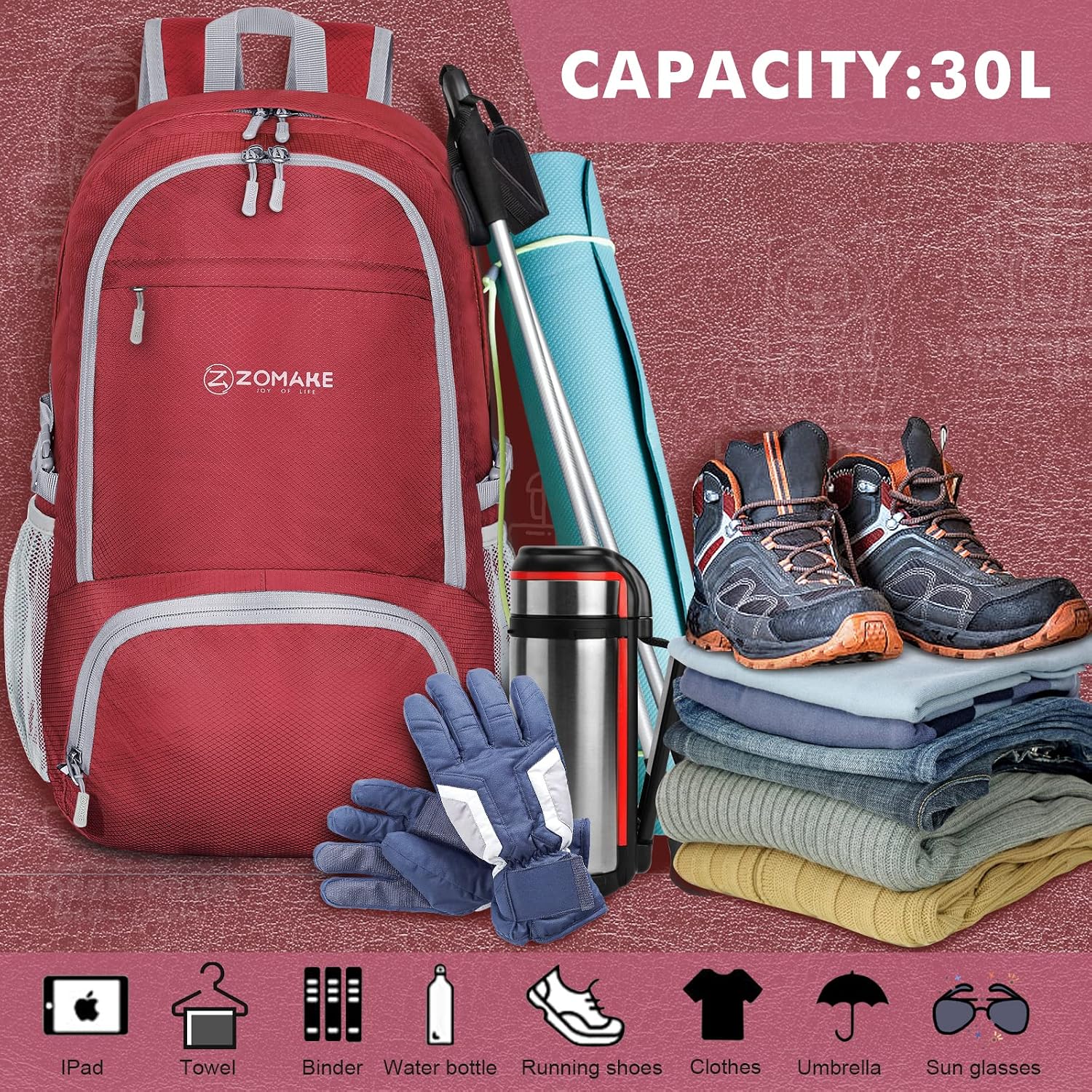 Detalle de ZOMAKE sac à dos pliable 30L ultra léger