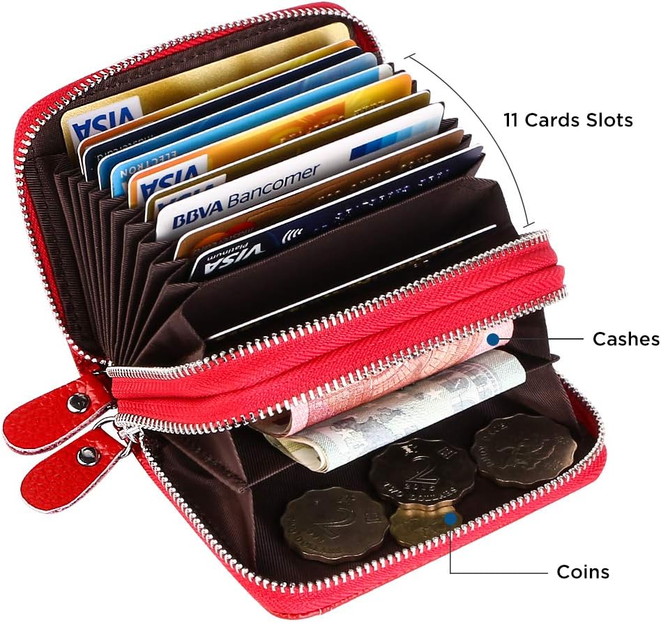 Detalle de Flintronic Porta Carte di Credito in Pelle RFID – Rosso, con Cerniera, 14 Spazi