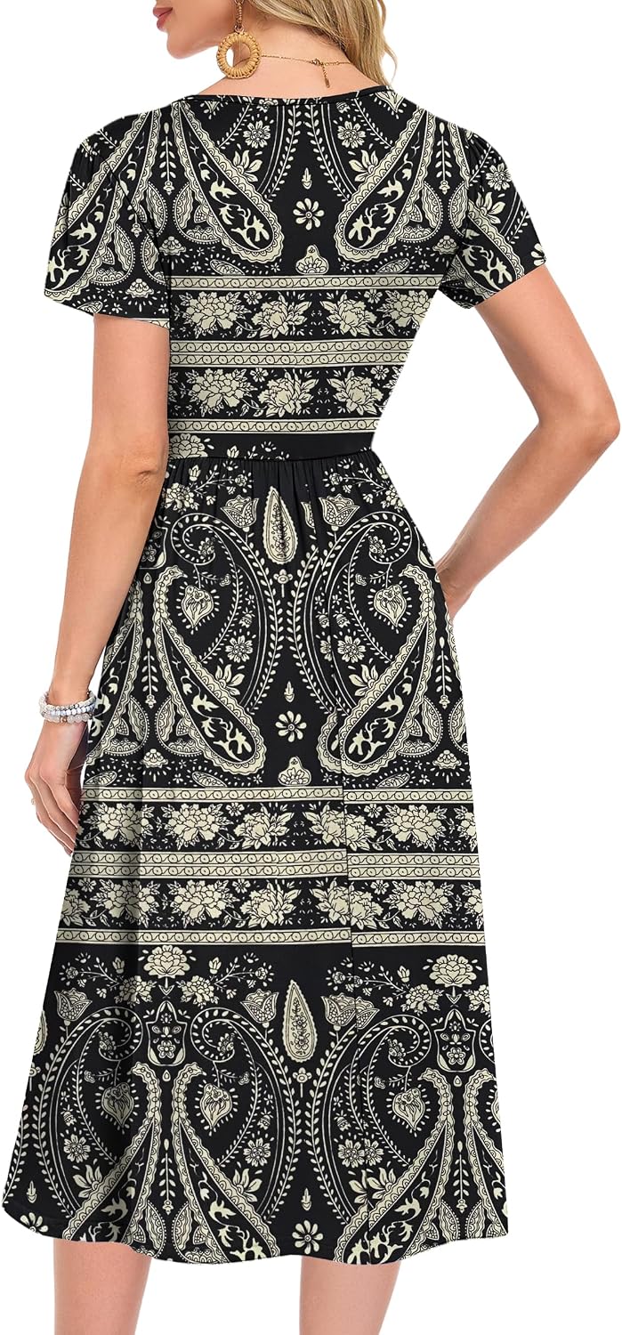 Detalle 2 de MOLERANI Damen Sommerkleider – Kurzarm Rundhals Midikleid mit Tasche, A-Linien-Schnitt