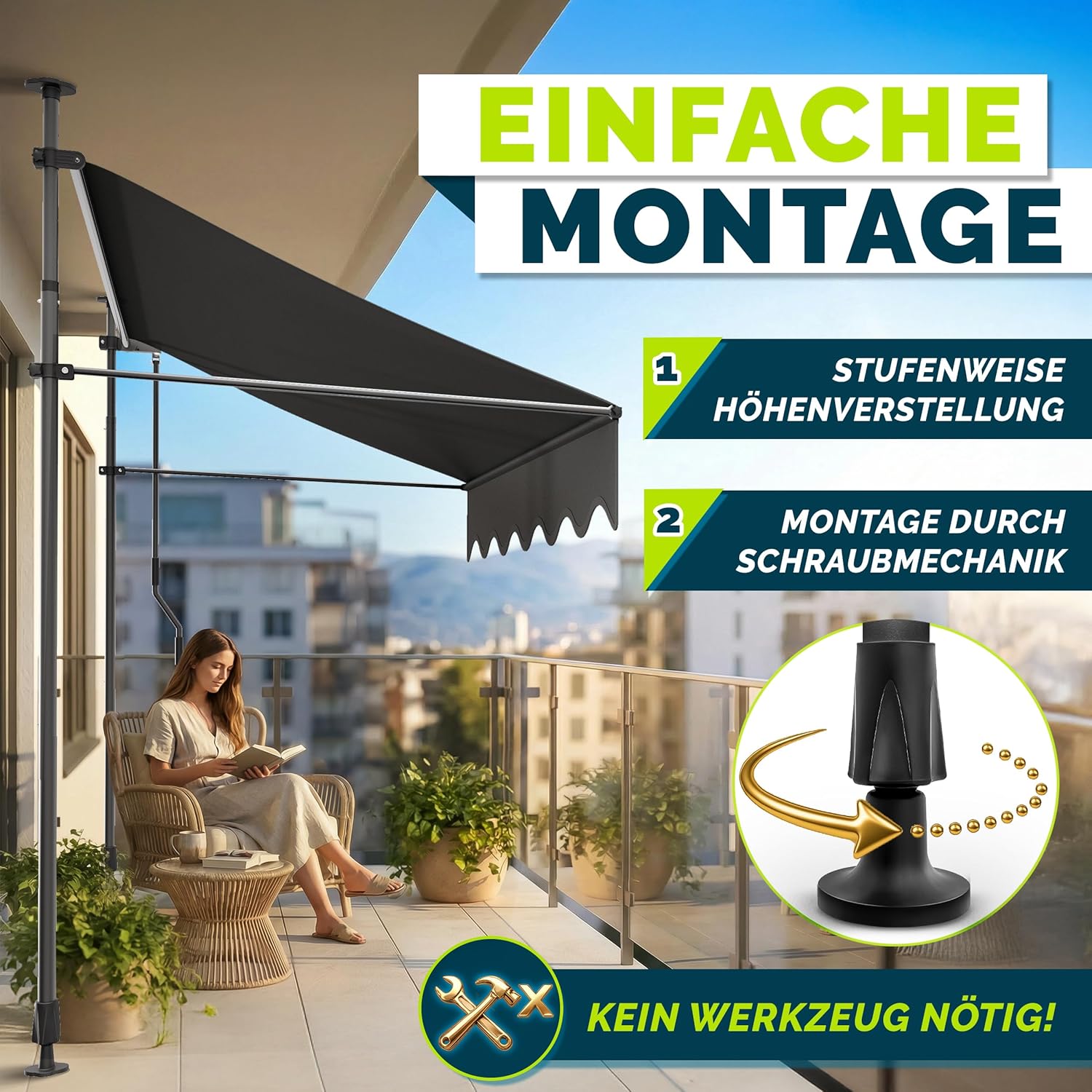 Thumbnail 2 de tillvex Klemmmarkise mit Handkurbel für Balkon (ohne Bohren) – Anthrazit, 250 cm