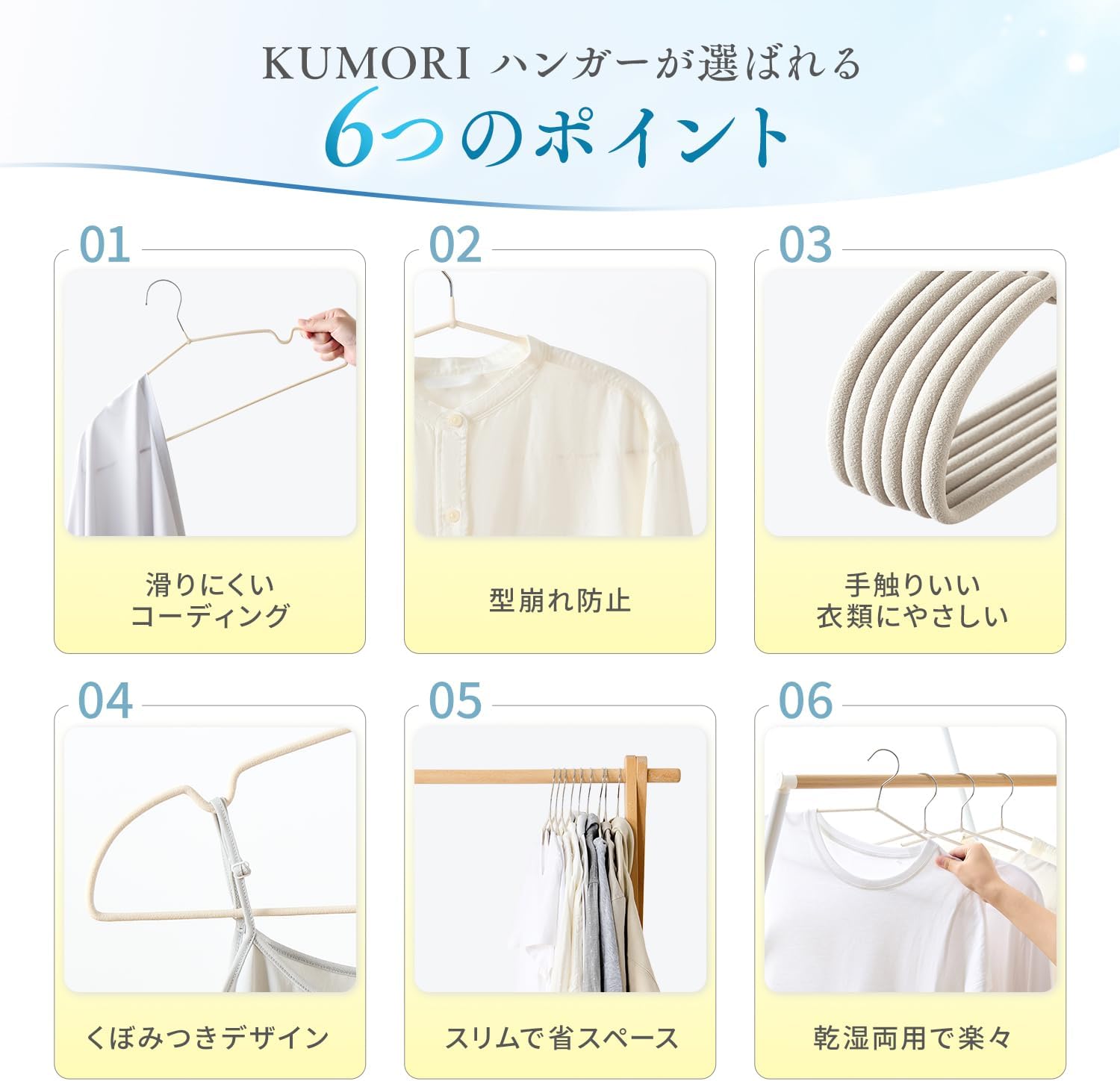 Detalle de クモリ(Kumori) 滑りにくい衣類ハンガー 10本セット アイボリー スリム設計・スチール製