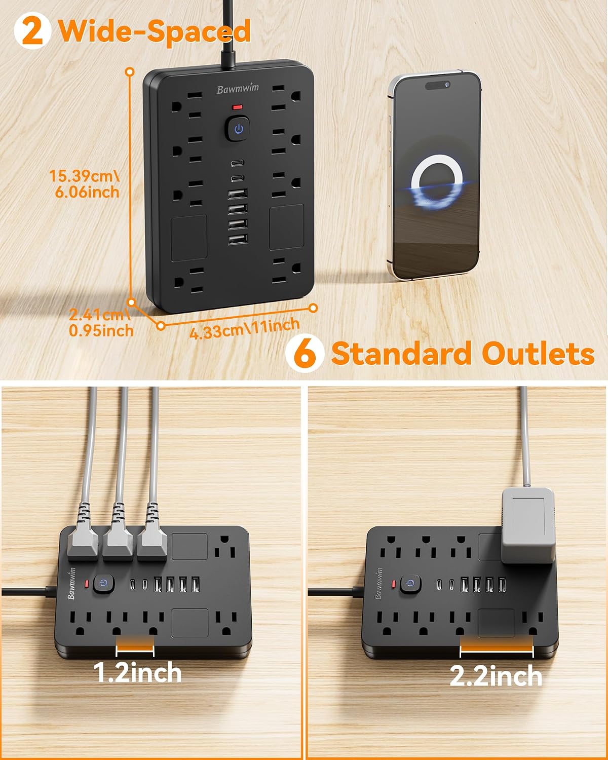 Detalle de Bawmwim Surge Protector Power Strip: 8 Outlets, 6 USB Ports, 6ft Flat Plug, ETL Listed