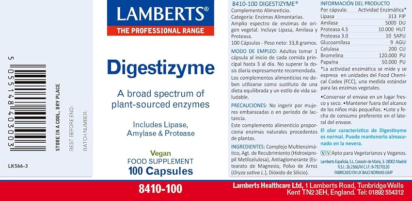 Detalle 2 de Lamberts Digestizyme 🌿 100 Cápsulas para la digestión